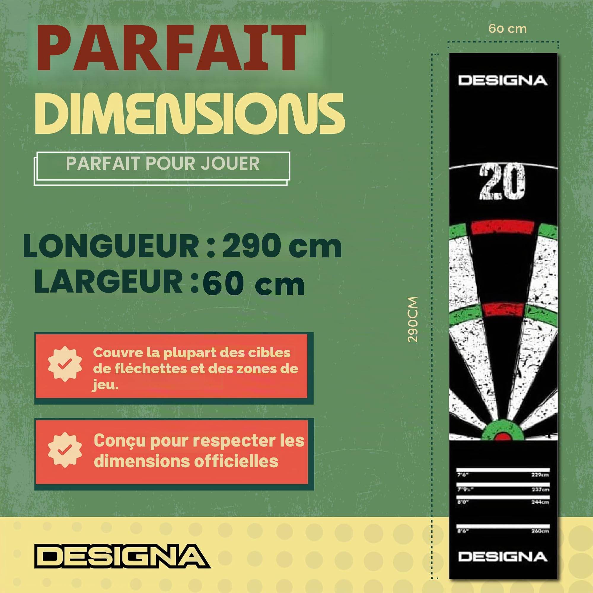 Designa Darts MAT43 Tapis de fléchettes antidérapant Double Dessus 290 cm x 60 cm