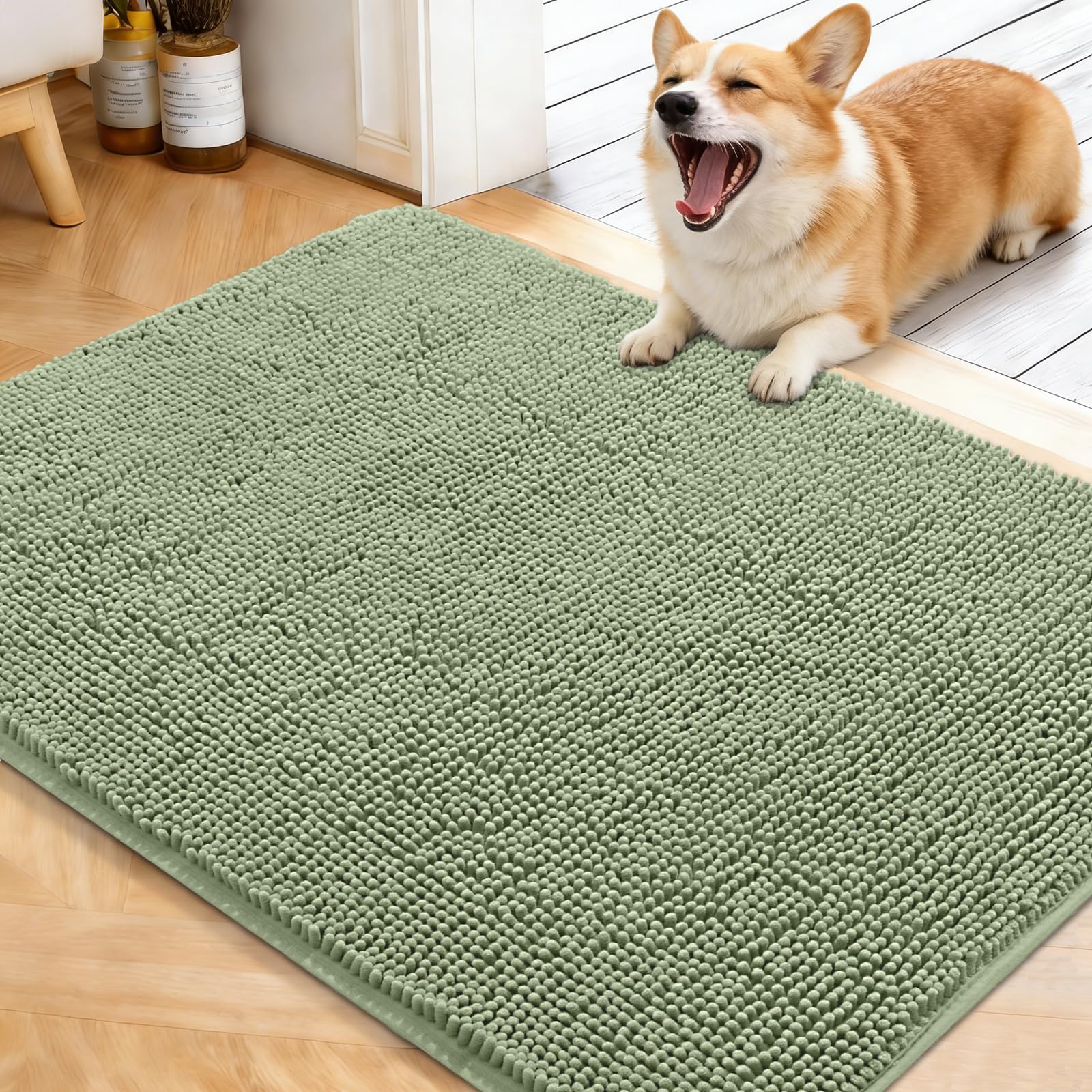 OLANLY - Dog Door Mat 40x32 Inches - Moisture and Dirt Absorbing Non-Slip Washable Green Modern Dog Door Mat for Muddy Paws