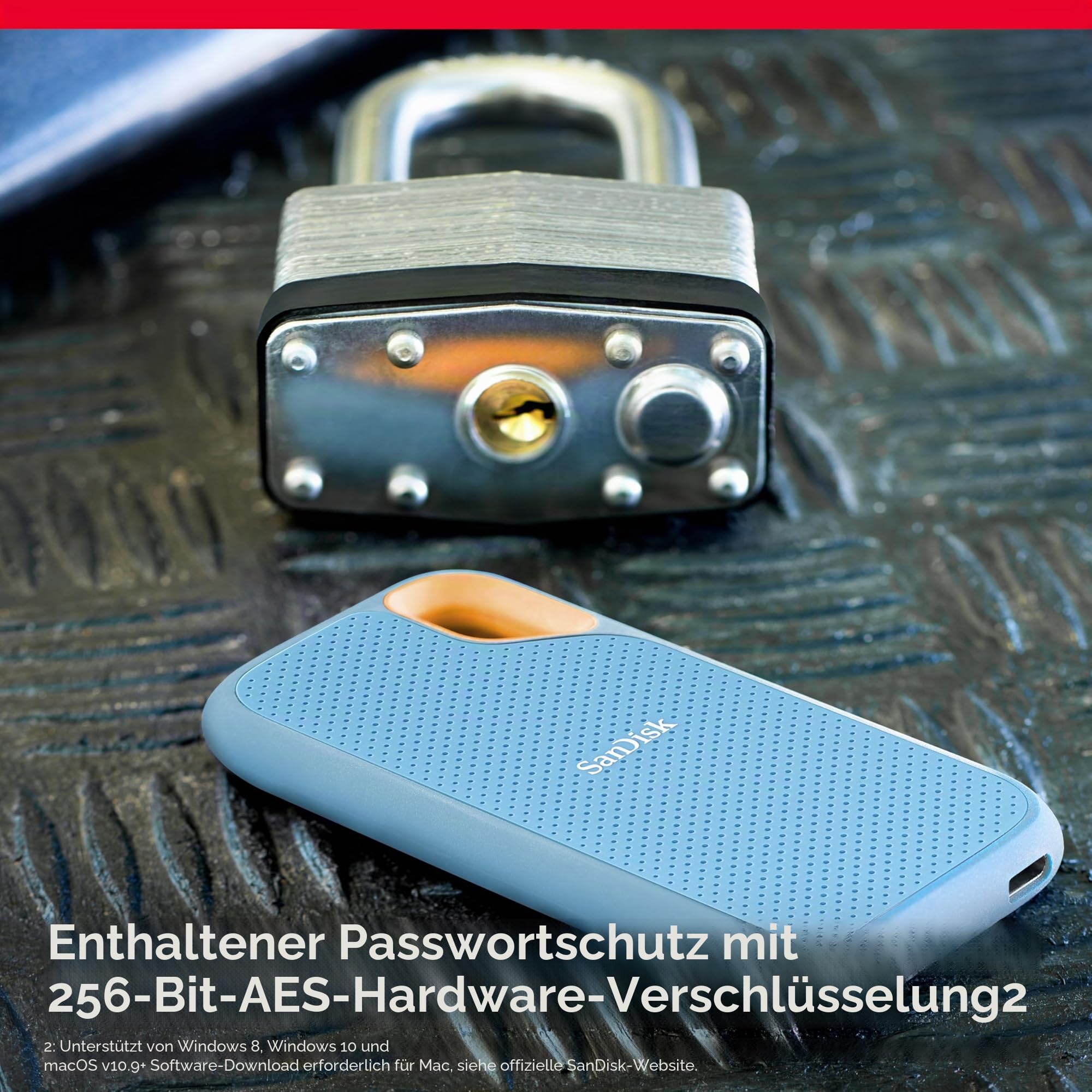 SanDisk Extreme SDSSDE61-2T00-G25B Externes SSD-Laufwerk, 2 TB, tragbar, bis zu 1050 MB/s, USB-C, USB 3.2 Gen 2, IP65 Wasser- und staubabweisend, aktualisierte Firmware, himmelblau