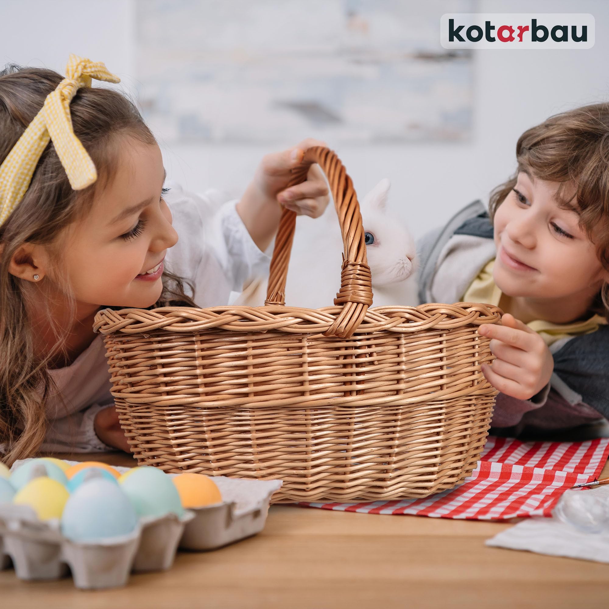 KOTARBAU® Panier de Pâques en Osier avec Anse - Rond Naturel - 33 x 26,5 x 29 cm - Tressé