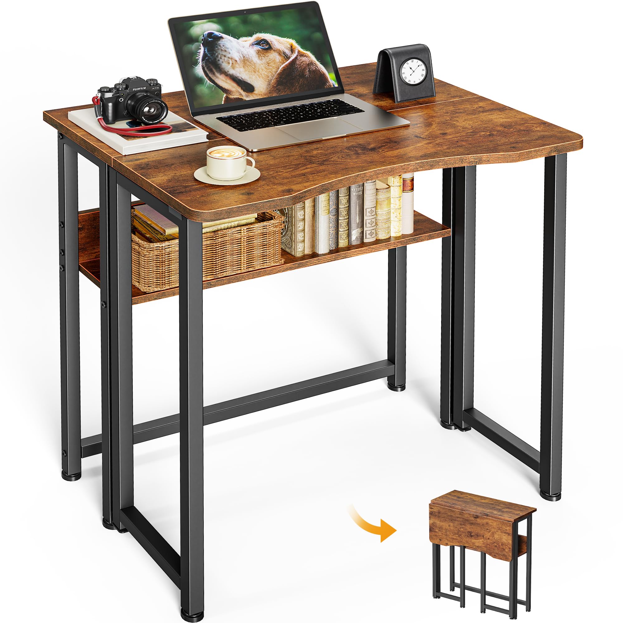 Huuger Folding Desk with Storage Shelf, 23.6 Inch Foldable Computer Table for Small Spaces, Space Saving Sofa Table for Couch, Writing Work Office