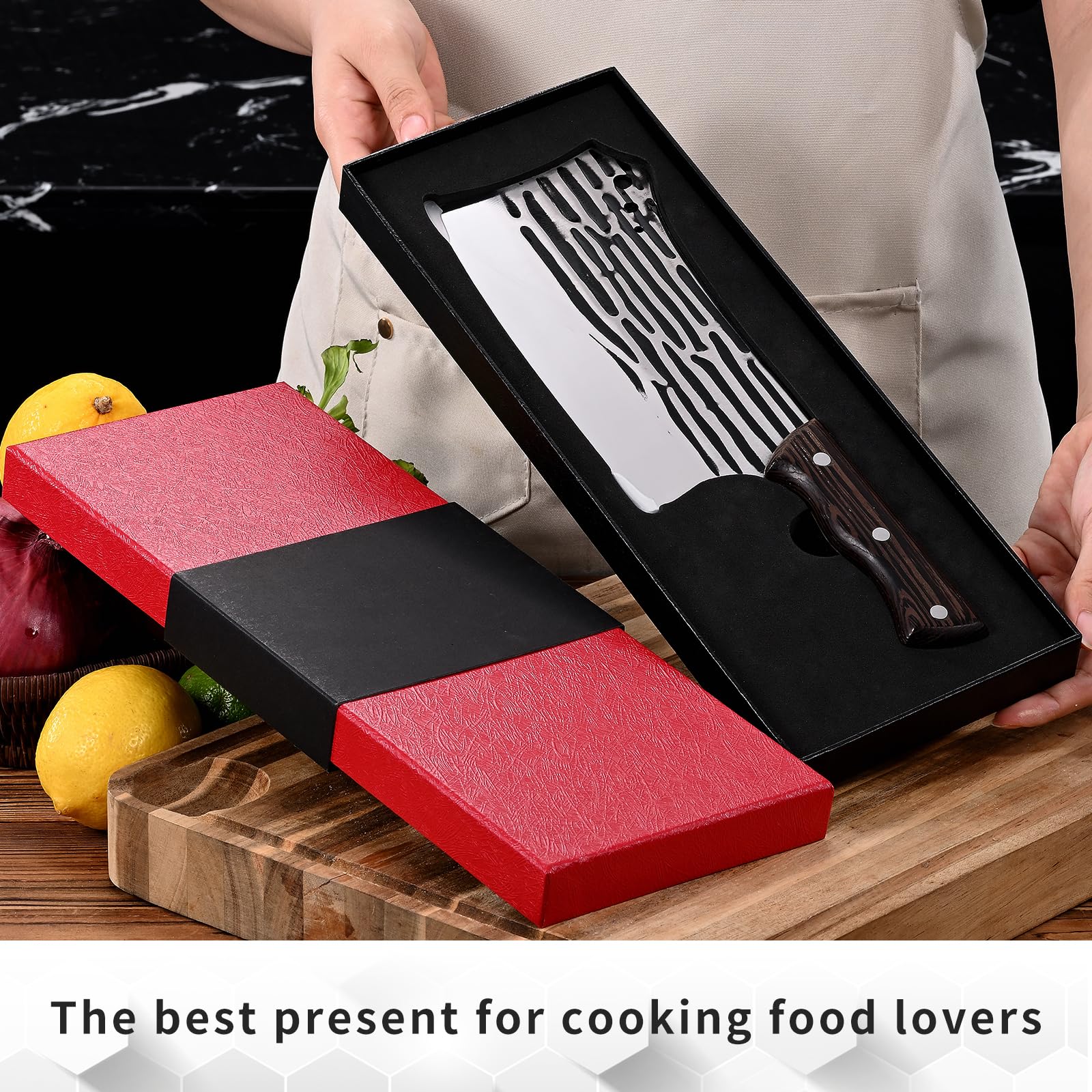 Cuchillo Verdura,Cuchillo de Chef Forjado Hecho a Mano,Cuchillo de Cocina Cuchillo Multifuncional de Acero Inoxidable Profesional Cuchillo Carne,Mango de Madera y Embalaje de Regalo