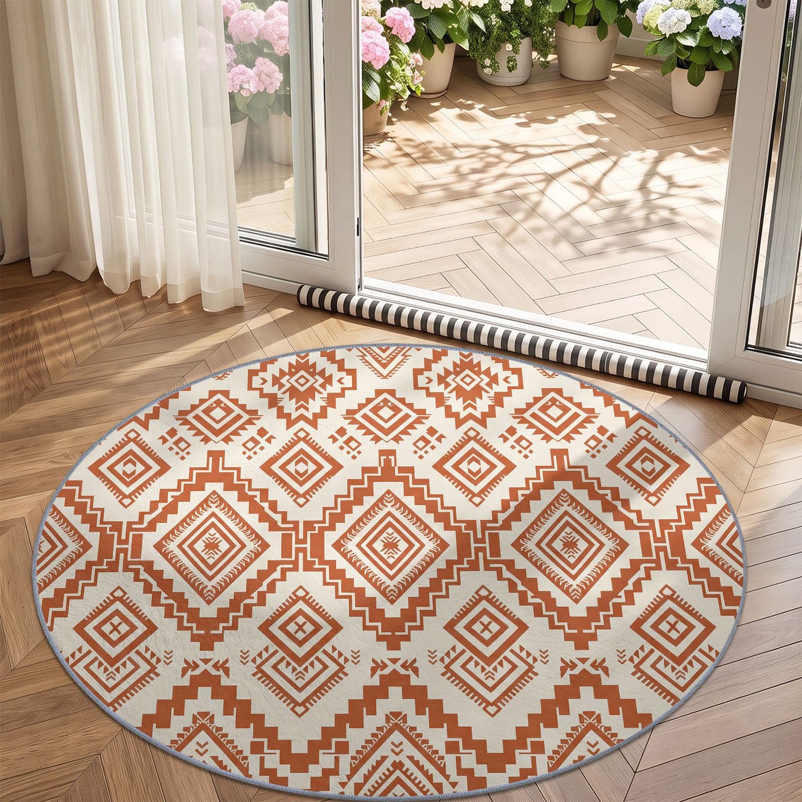 Tapis Rond Salon Boheme Rustique Geometrique Losange Zigzag Ethnique Tapis de Sol Décoration Antidérapant pour Salon Chambre Cuisine Balcon Terrasse Salle à Manger Intérieur (120 cm, Beige)