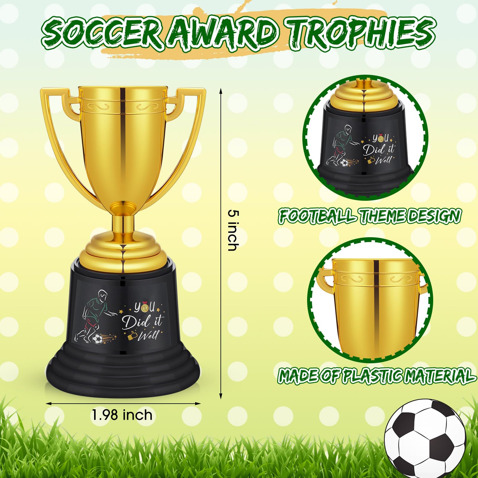 Tondiamo Juego de 24 medallas y trofeos de fútbol para niños, incluye 12 trofeos de fútbol de plástico dorado de 5.12 pulgadas y 12 medallas de 2 pulgadas para niños, premios de equipo de fútbol