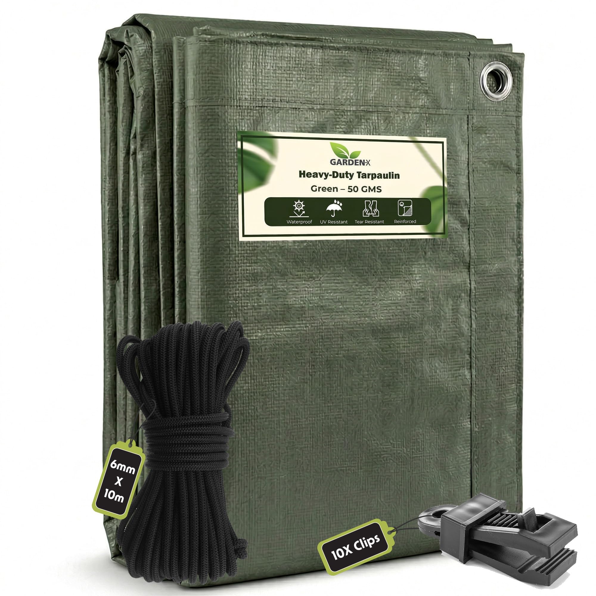 GARDENIX 4m x 6m Green Tarp 50gsm Tarpaulin Waterproof Tarp Sheet Cover, Groundsheet, Multipurpose, Lightweight + 10m of 6mm Bungee Rope + 10 x Slide Type Tarp Clips