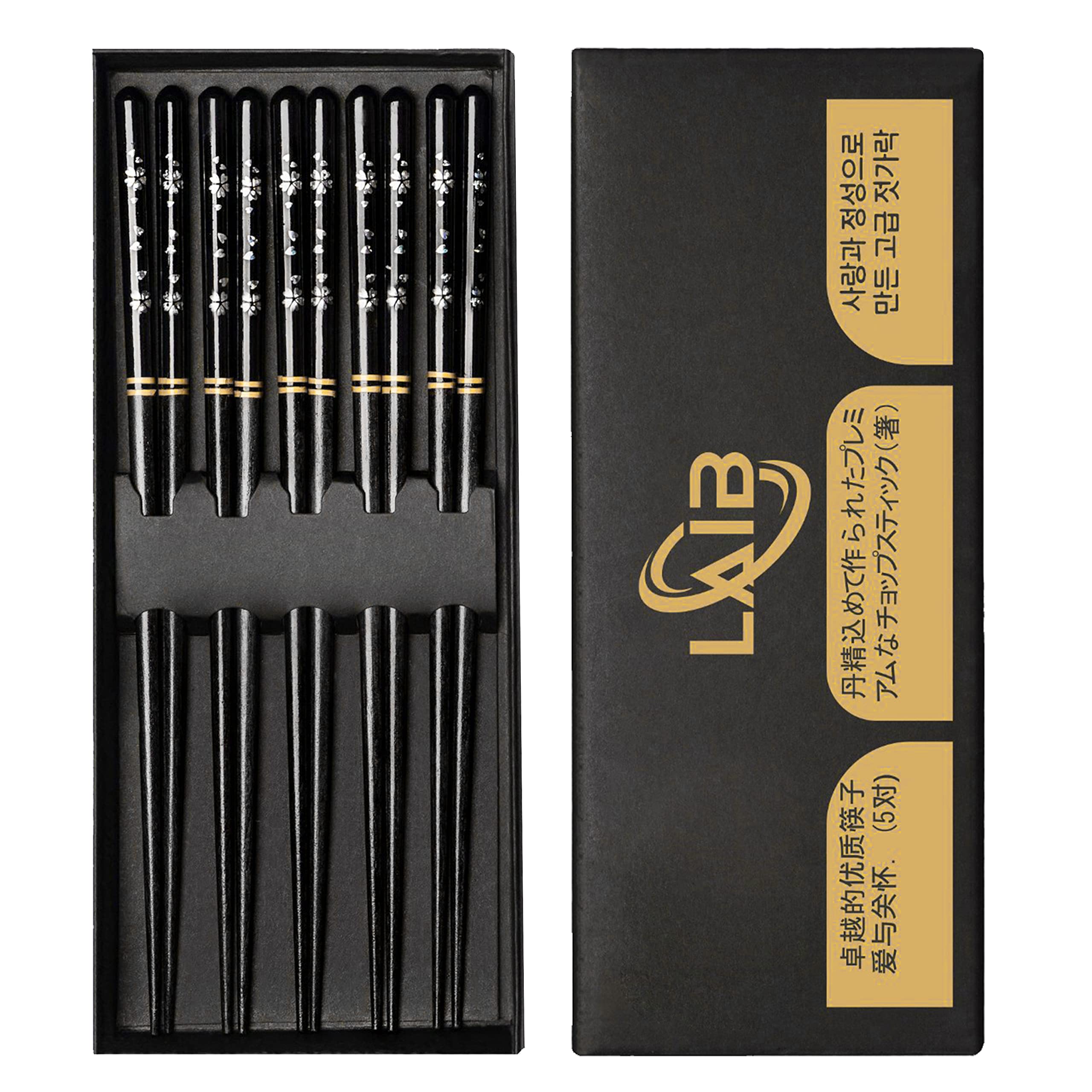 LAIB Japanese Wooden Chopsticks Set, 5 Pairs Premium Class Reusable Chopsticks in Luxurious Gift Box (Black)
