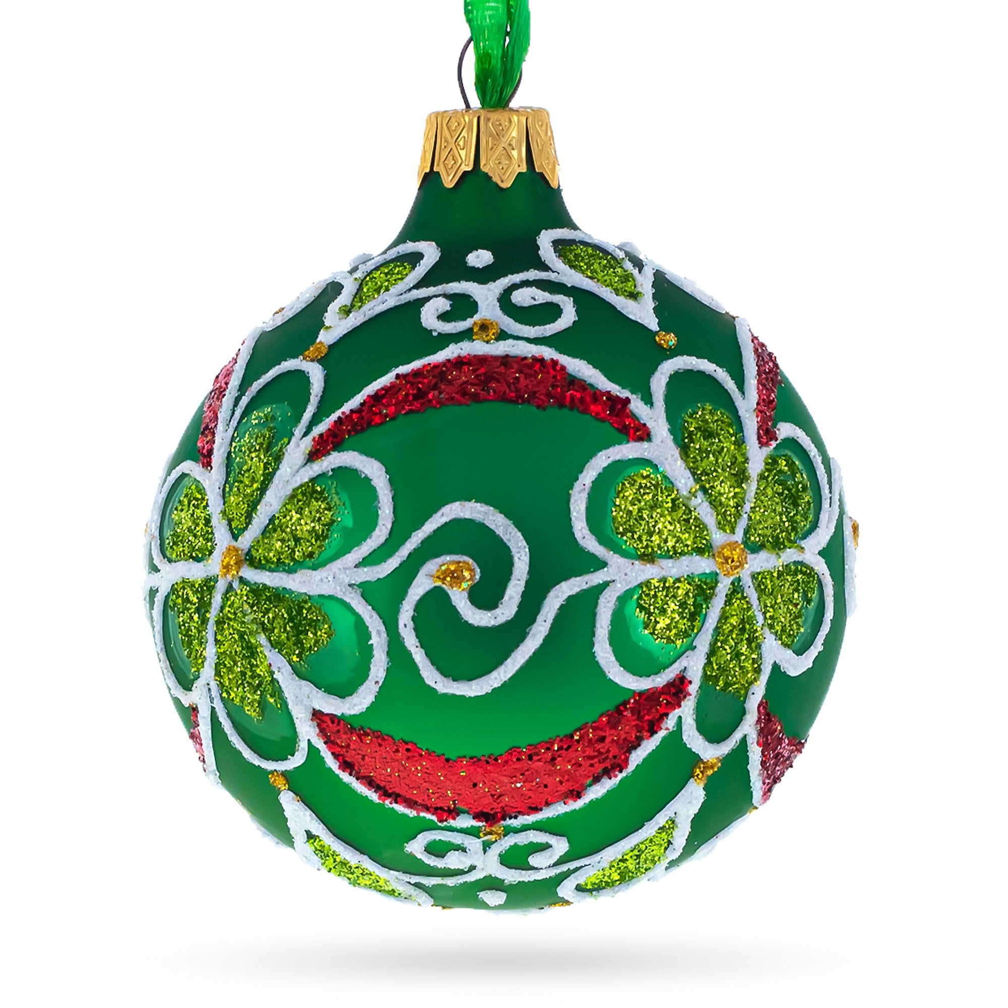 Brotas Esmeralda: Flores en Bola de Vidrio Verde Soplado Adorno de Navidad de 3.25 Pulgadas