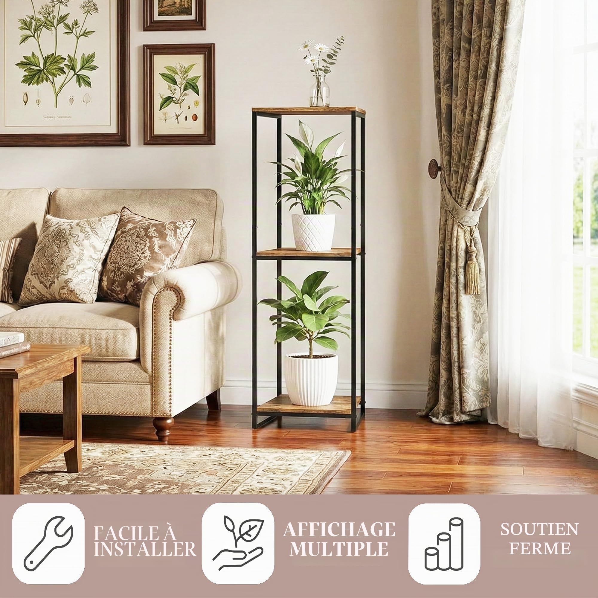 46" Tall Plant Stand Indoor, 3-Tier Modern Plant Shelf, Corner Flower Pot Holder Organizer for Living Room Balcony Patio Garden (Rustic Brown)