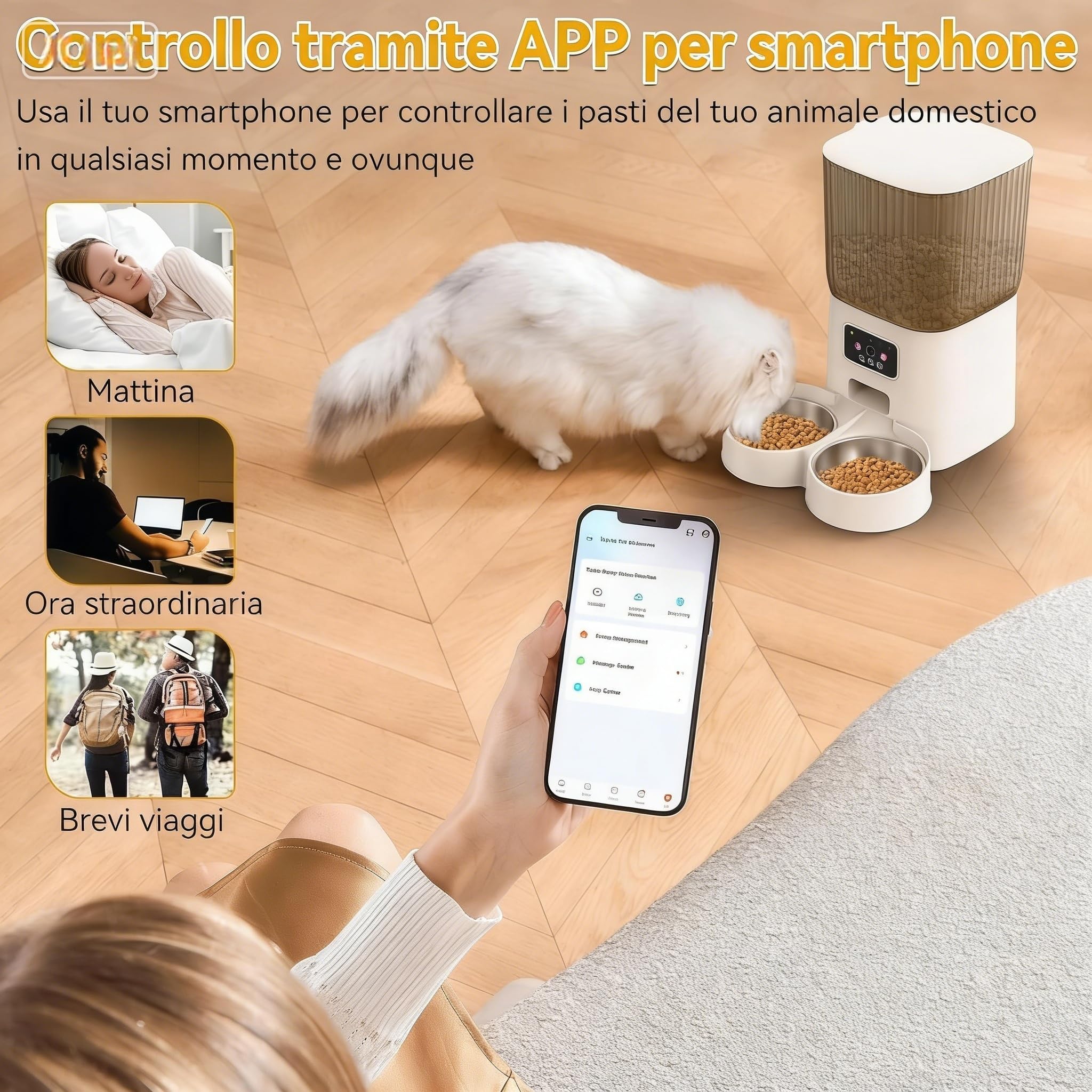 Distribuitore Automatico di Cibo per Gatti con Telecamera, Distributore di Crocchette Programmabile 5L con Timer, Video HD 1080P, Audio Bidirezionale, 2 Ciotole in Acciaio, Controllo App