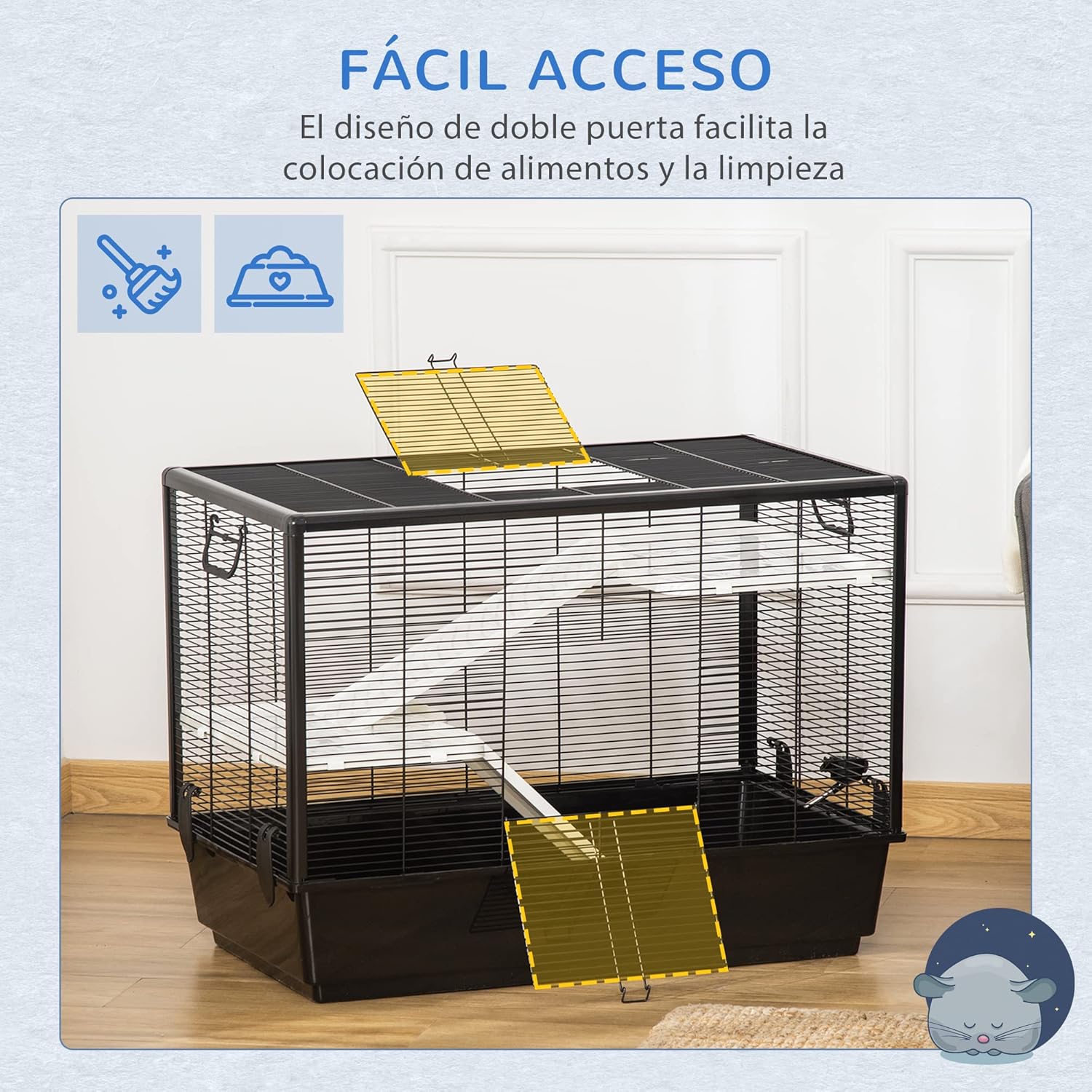 PawHut Small Cage for Rodents 80x48x58cm Hamster Cage with 2 Doors 2 Ramps 2 Platforms Feeder and 2 Handles Portable for Guinea Pigs Mouse Black