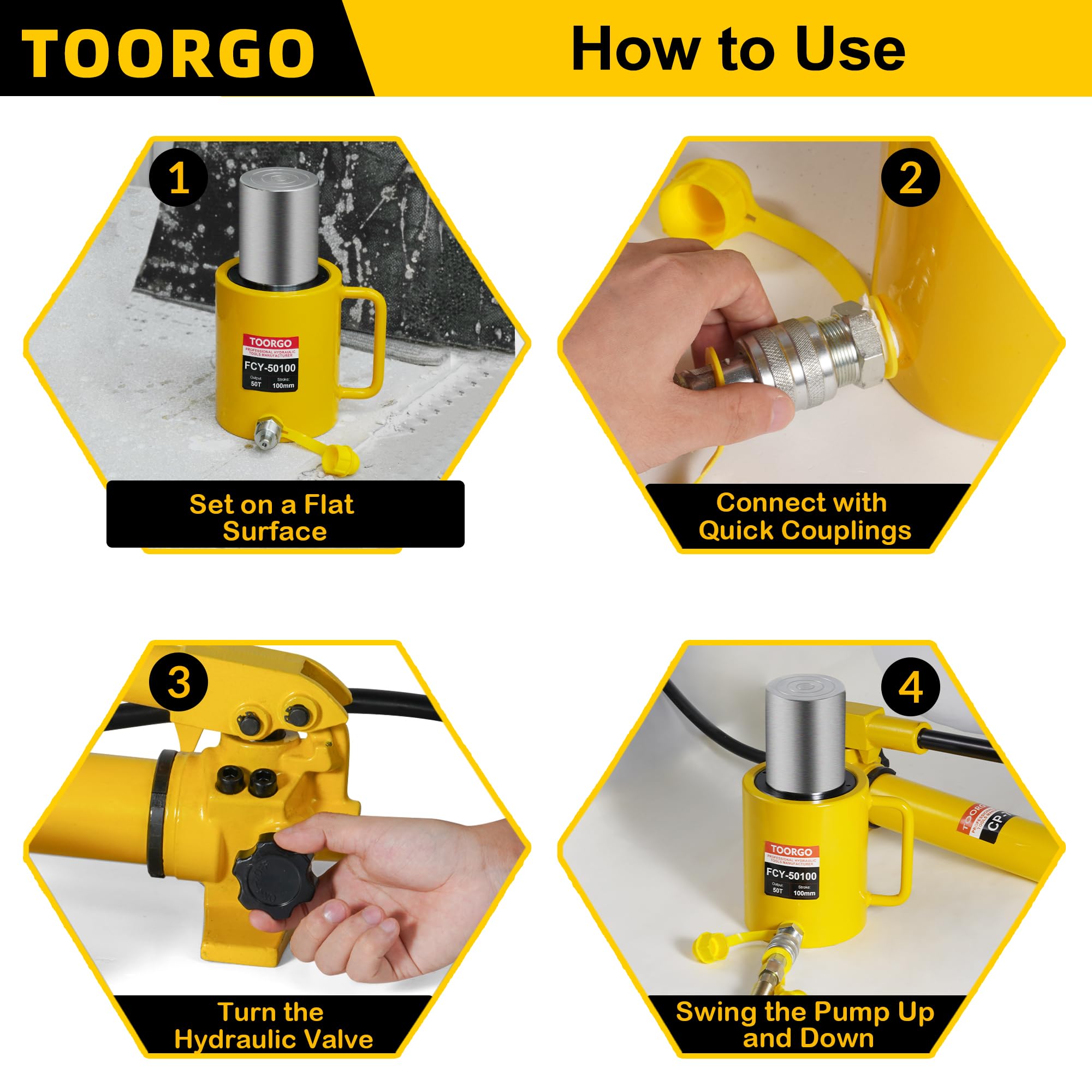 TOORGO 50 Ton 4 Inch Stroke Porta Power Single Acting Hydraulic Cylinder - Auto-Retract, ZG3/8" Coupler (Yellow)