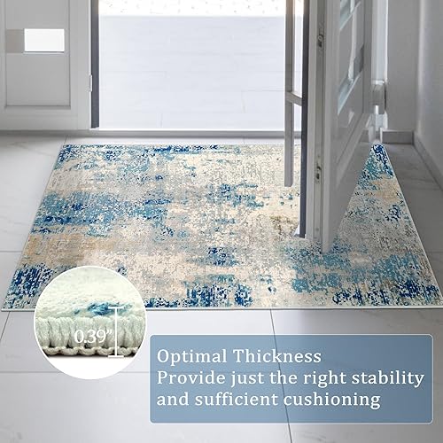 Miniatura 3 de Morebes Alfombras azules lavables estéticas para dormitorio, alfombra moderna antideslizante de 3 x 5 pies para entrada, alfombra suave resistente a