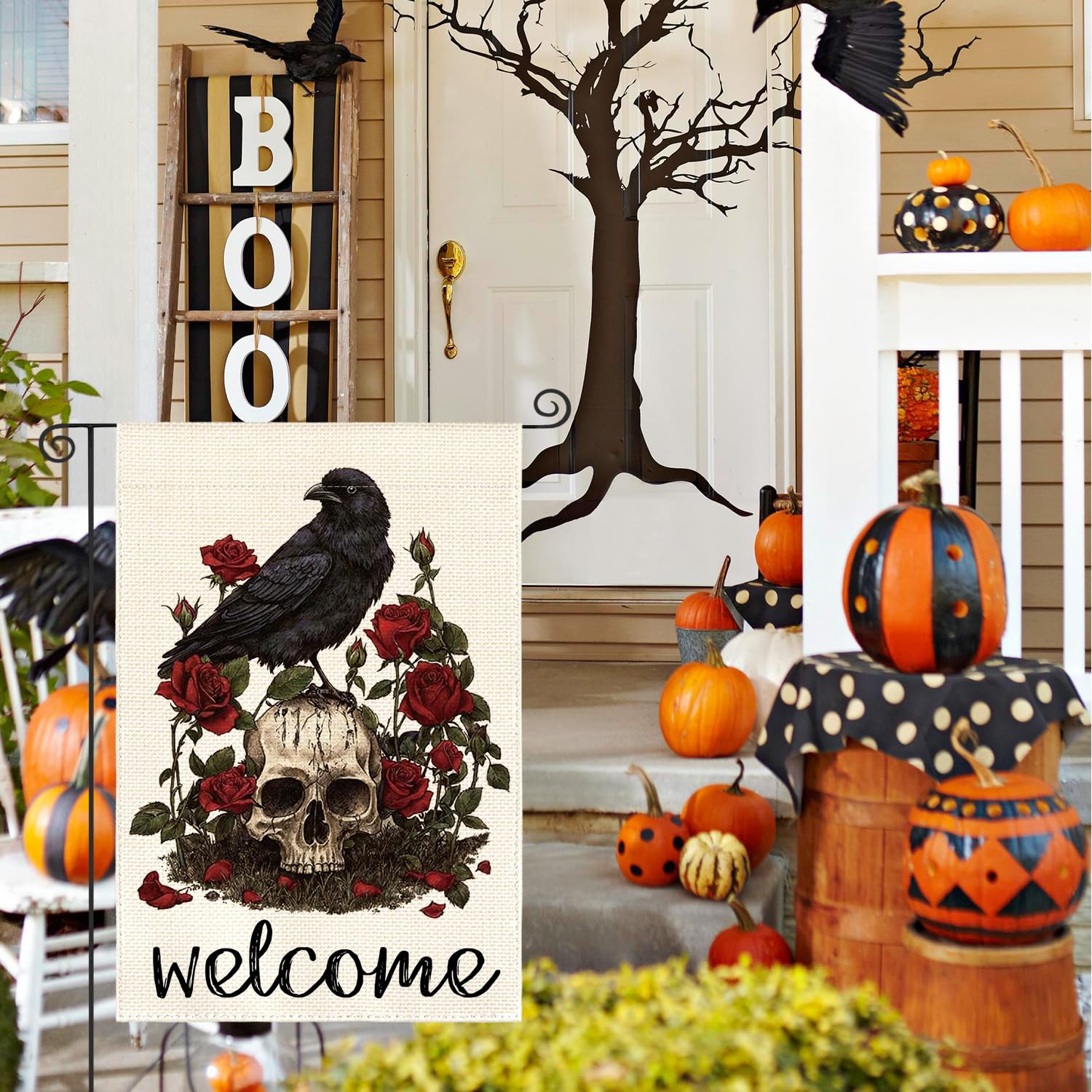 AVOIN colorlife Halloween powitalna czaszka róża wrona flaga ogrodowa dwustronna, Dzień Zmarłych świąteczny dziedziniec zewnętrzna dekoracyjna flaga 30 x 45 cm