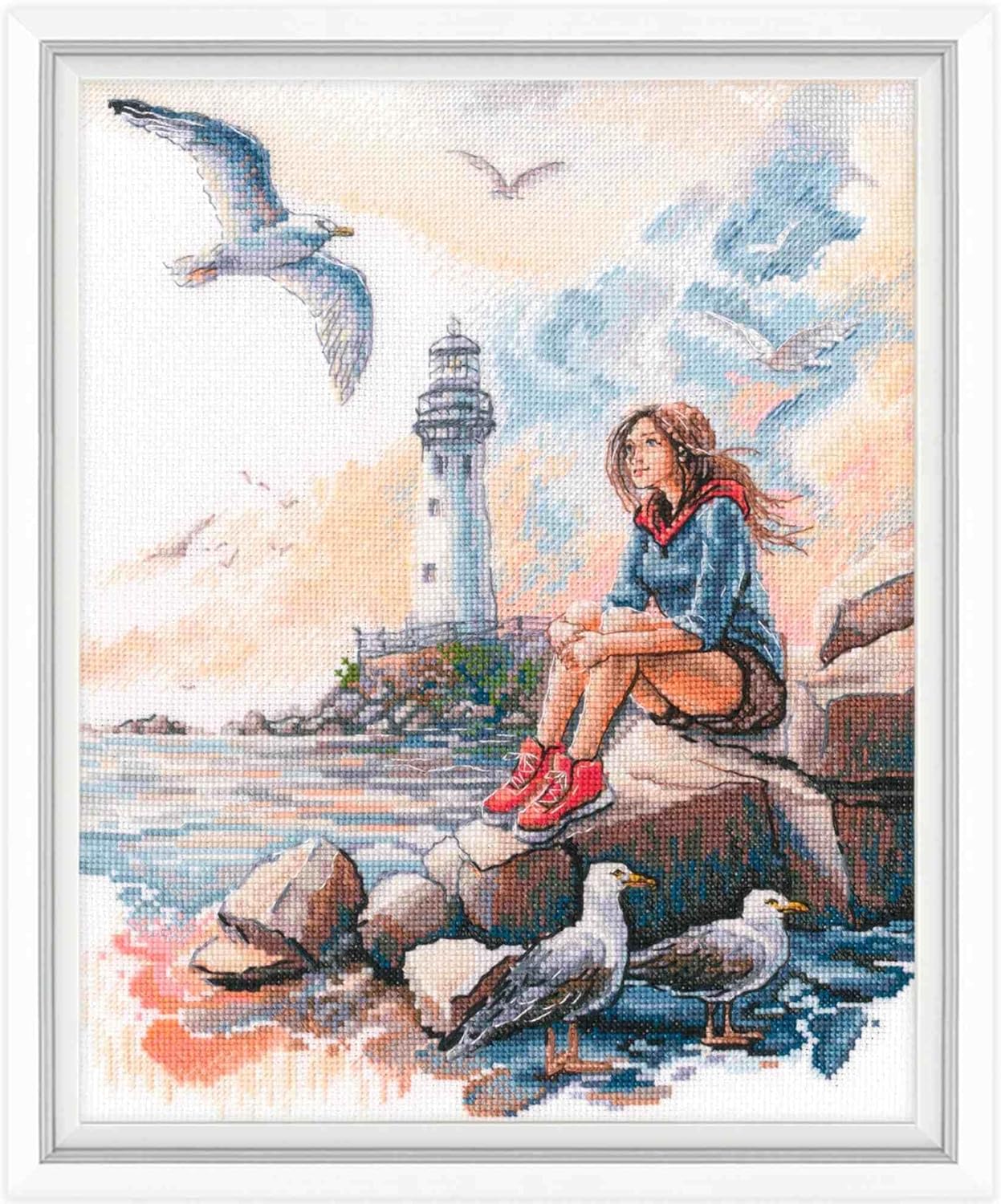 RTO Counted Cross Stitch Kit Lighthouse and Gril M1048, 22.5 x 28 cm / 8.9"x11.1", Seascape Design with Seagulls, White Aida, DMC Threads, DIY Embroidery Kits