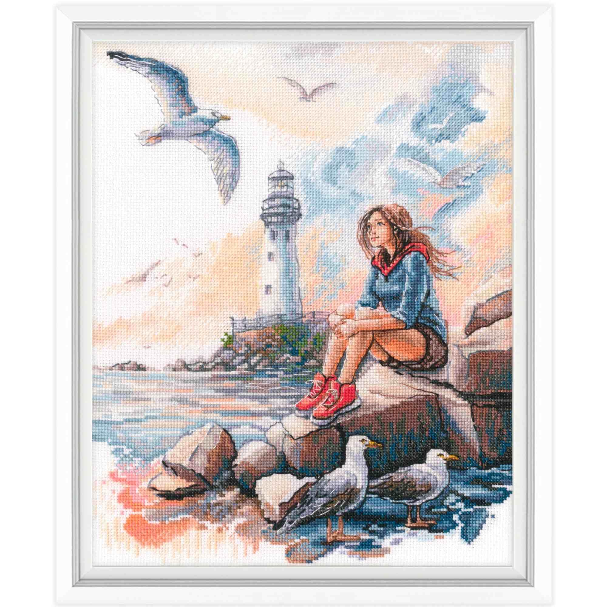 RTO Zestaw do haftu krzyżykowego z latarnią morską i grillem M1048, 22,5 x 28 cm / 8,9 cala x 11,1 cala, pejzaż morski z mewami, biała Aida, nici DMC, zestawy do haftowania DIY