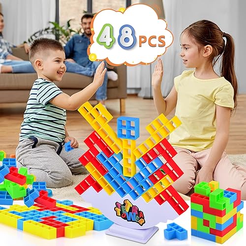 Miniatura 9 de Juego de torre Tetra, juego de 48 bloques de equilibrio para niños y adultos, juego de ataque de pila para amigos, aula, familia, juegos, noche y