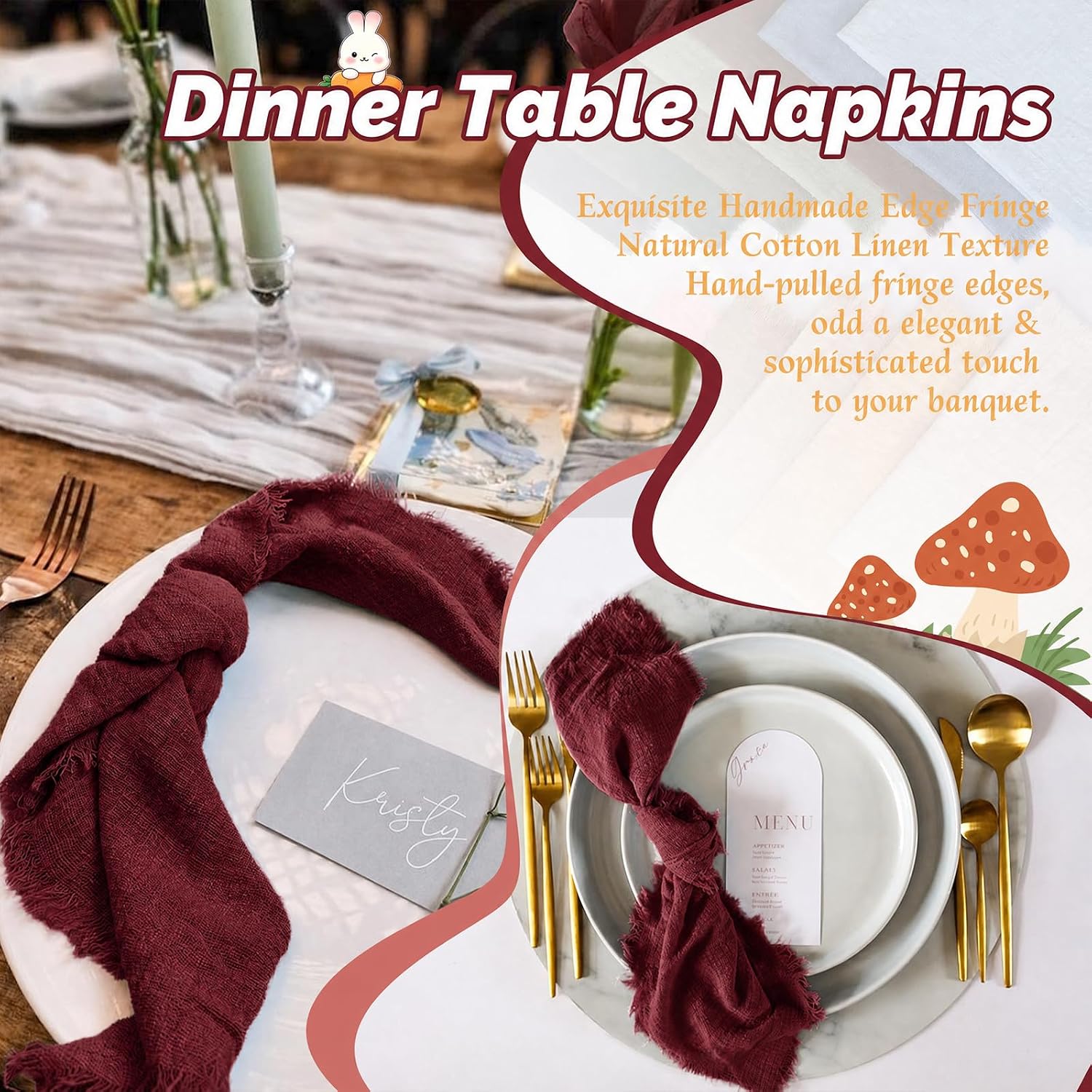 Showgeous 20 Pack Burgundy Cloth Napkins with Fringe 16x16 inch