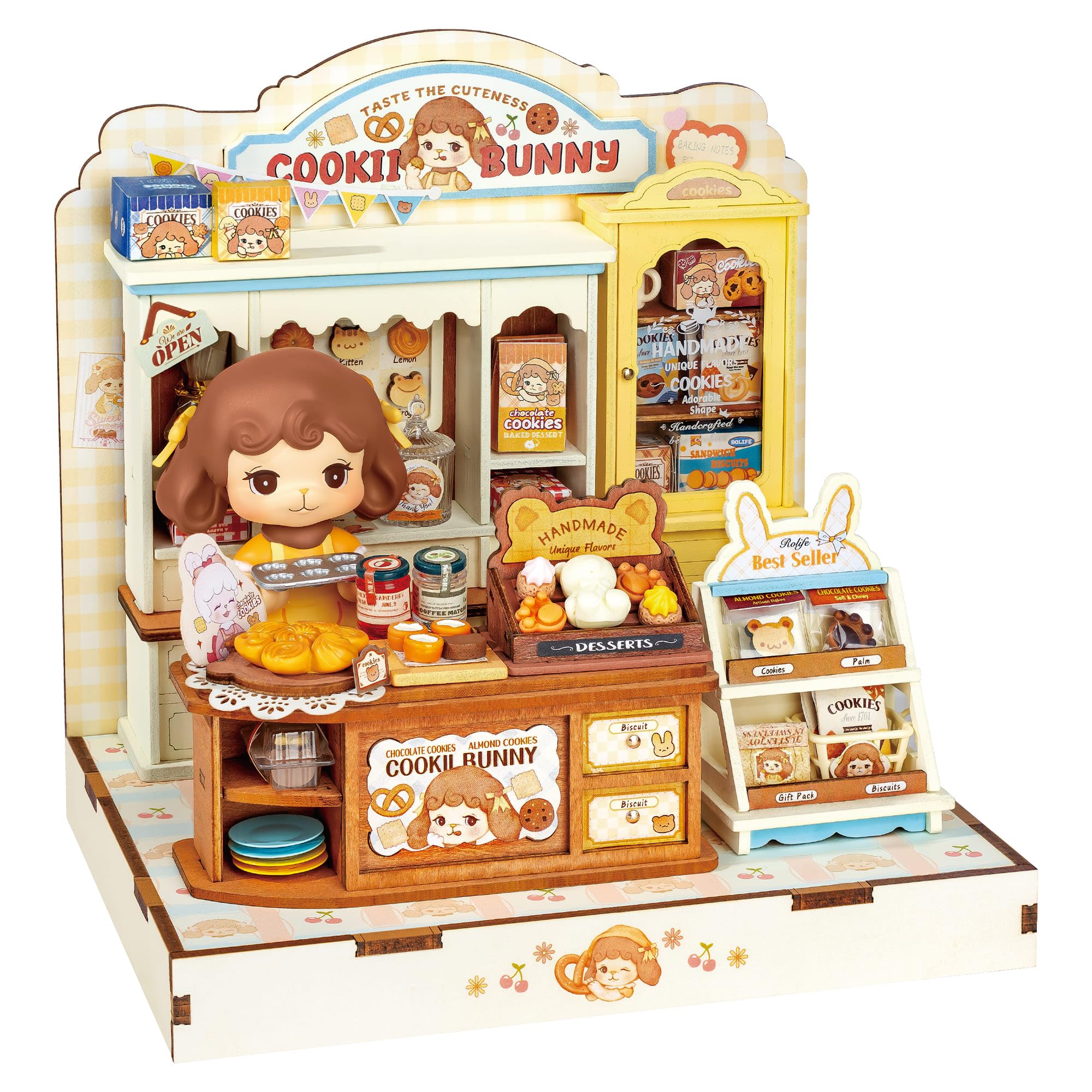 Rolife Maison Miniature Cookii Lapin’s Boutique de Cookies, 182 pièces Maquette Maison 3D Puzzle Maison de Poupée en Bois 3D à Construire Book Nook pour Adultes et Adolescents Pas de Colle nécessaire