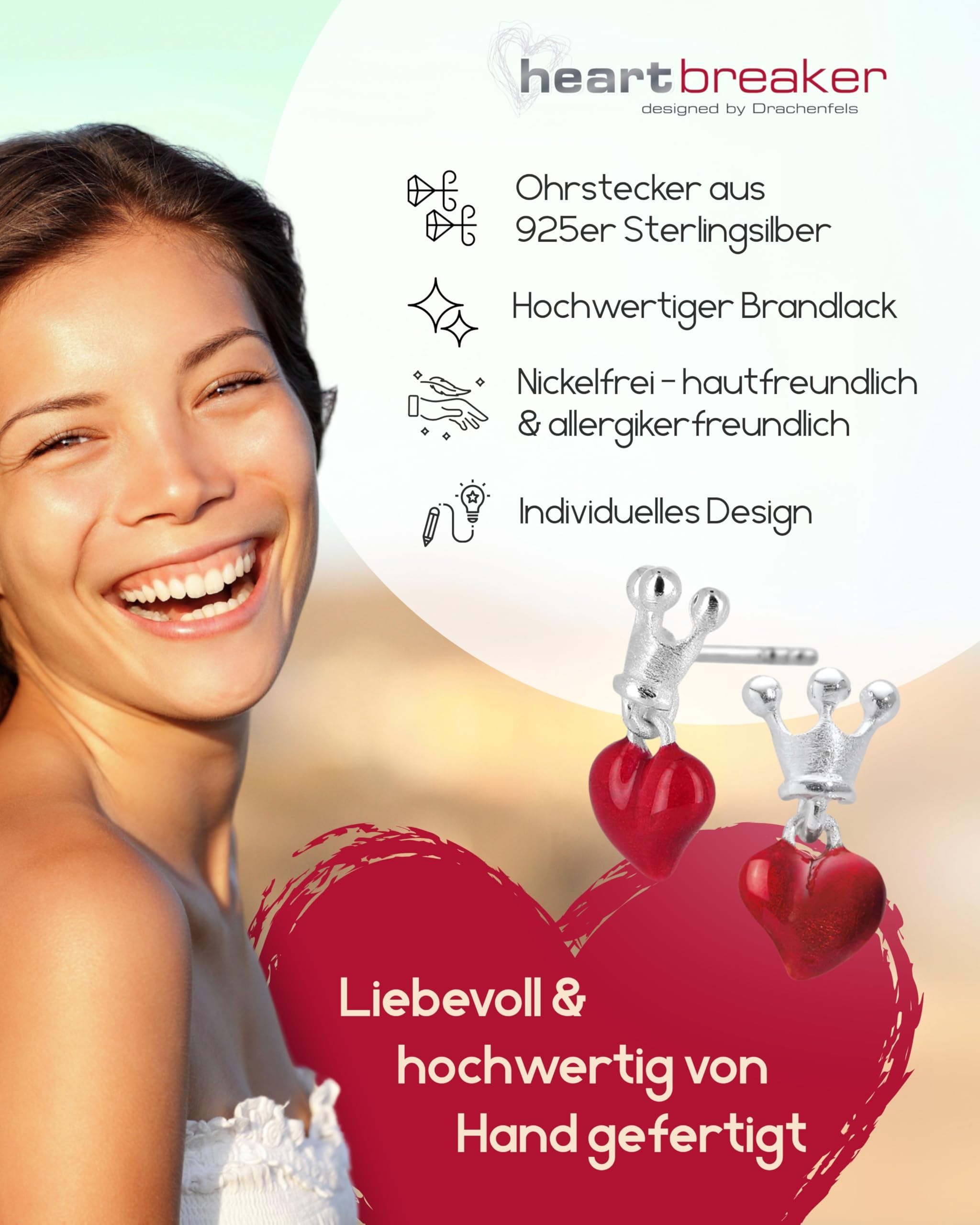 Heartbreaker "Crown of my Heart" Ohrringe Herz I Edler Schmuck aus 925 Sterling Silber I Nickelfreie Herz-Ohrstecker inkl. Verpackung I In Goldschmiedequalität gefertigt I LD LP 22 RM