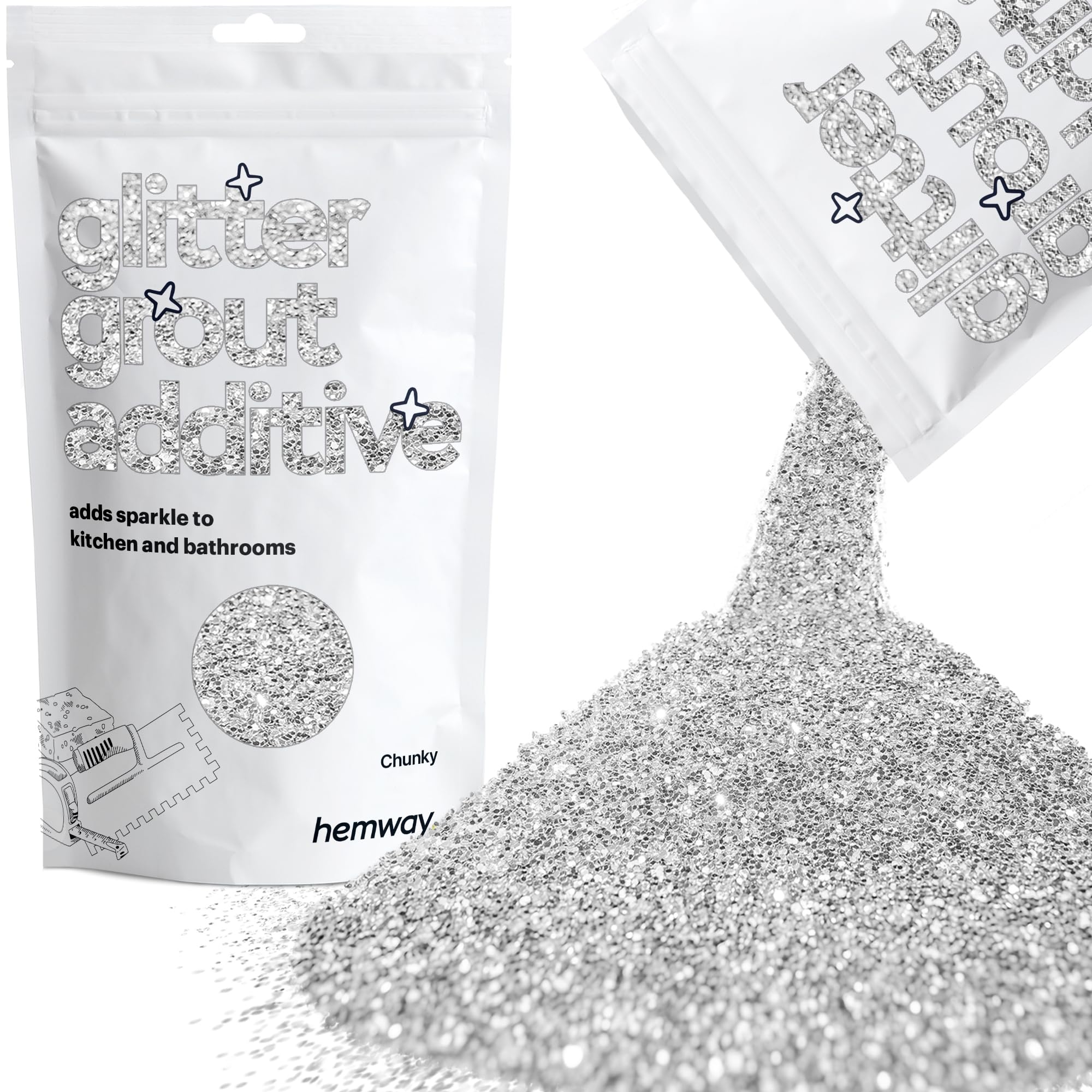 Hemway Glitter Grout Additive - Silver | 100g Metallic Flakes for Adding Sparkle to Old & New Kitchen & Bathroom Tiles | Enhance Your Indoor Grouting Projects with a Durable Sparkly Effect