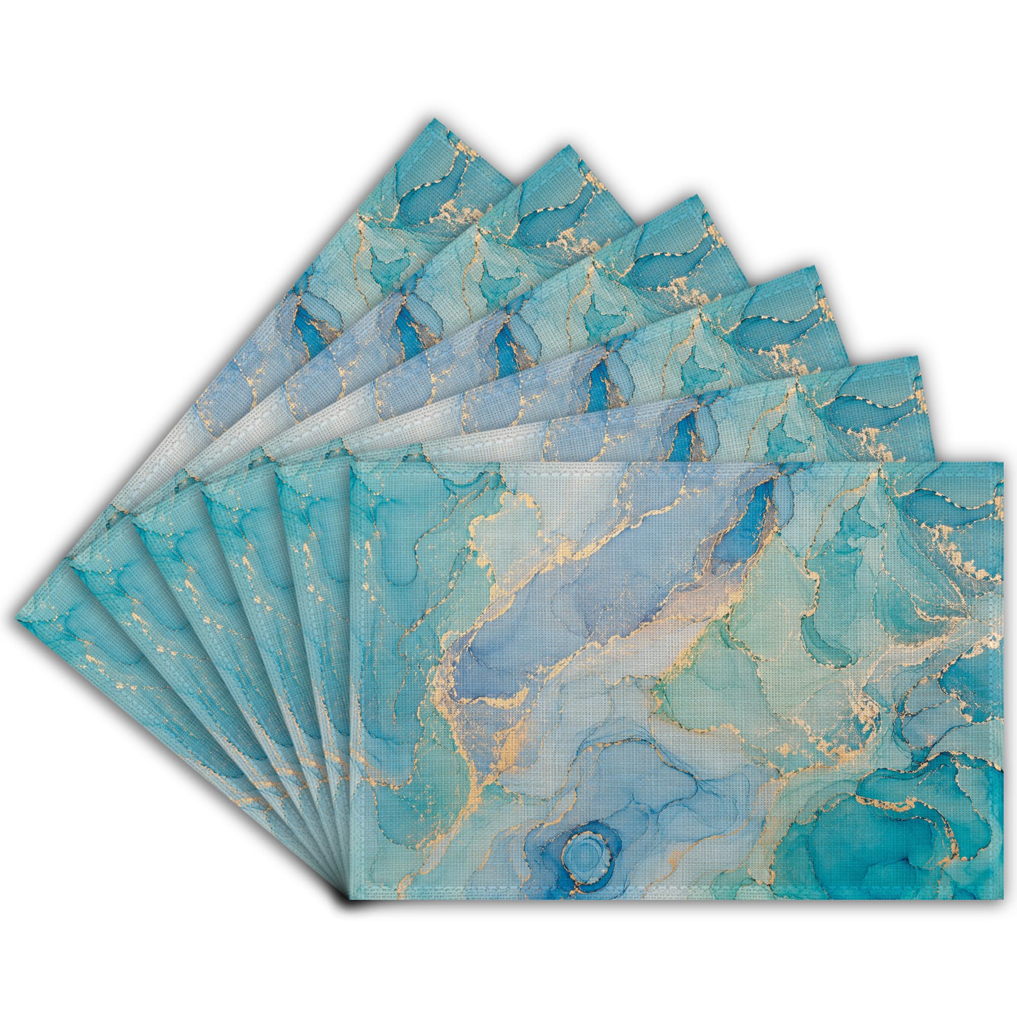 Washable Placemats Set of 6, Blue Teal Turquoise Gold Dining Table Mats, Linen Non Slip Place Mats for Indoor Outdoor Party Decor, 45 x 30 cm