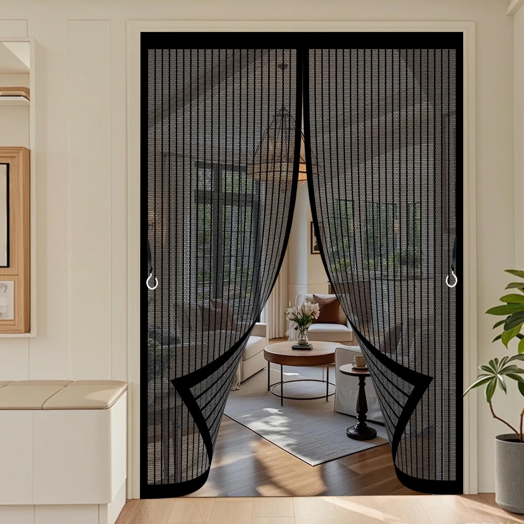 Door Fly Screen Curtain 126 x 190 cm with Powerful Magnets & Full Frame Magic Tape, Keep Bugs Out & Lets Fresh Air in Magnetic Door Screen for Patio Doors Bedroom, Black