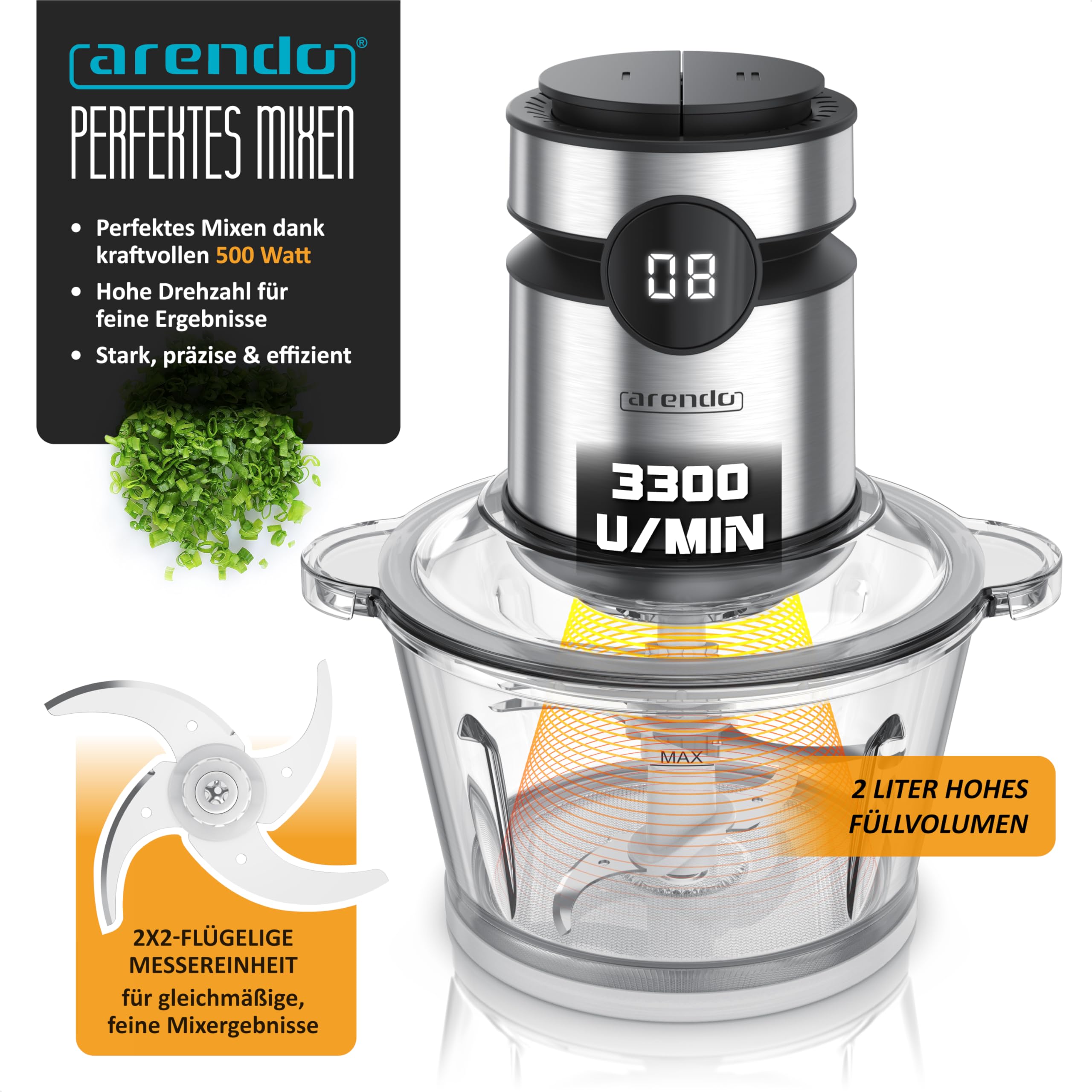 Arendo - Multi Zerkleinerer Küche elektrisch Edelstahl – extra starker 500 W Motor – 2 L Fassungsvermögen – Glas Behälter – mit Edelstahl-Mixbehälter – für Fleisch Nüsse Obst Gemüse u.v.m.