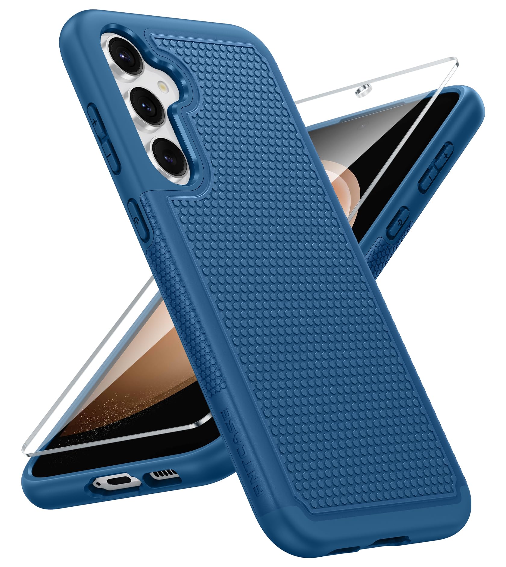 FNTCASE for Samsung Galaxy S23-FE Case: Dual Layer Non Slip Blue | With Screen Protector, Shockproof Drop Protection, Matte Textured Protective Cell Phone Cover, for Daily Use, Blue