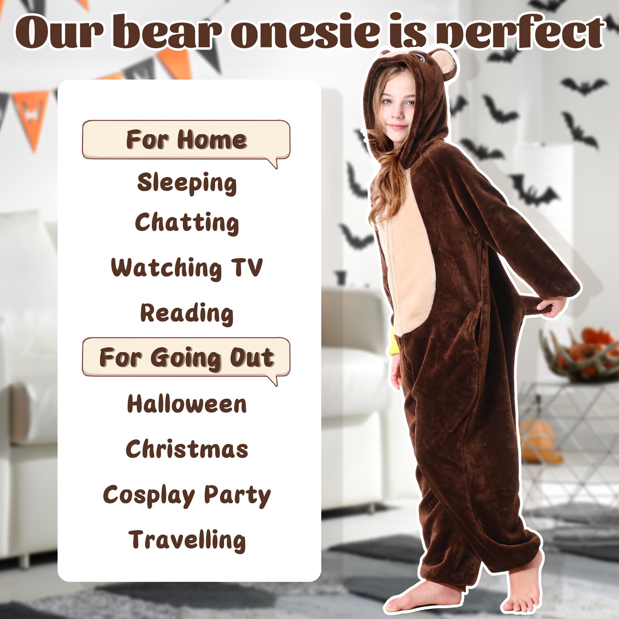 Tuta intera costume animale per bambini, modelli mucca, procione e orso con guanti e campanello, tuta cosplay Halloween per maschi e femmine (Orso, 4-5 Anni)