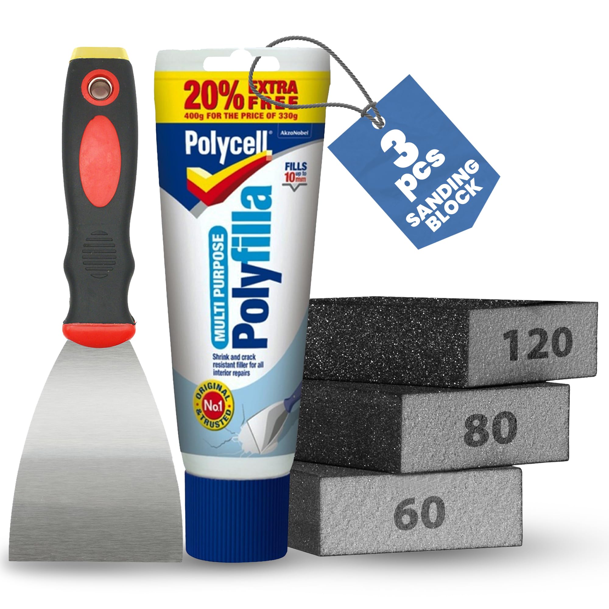 Wall Filler Repair Kit 400g Ready Mixed Fills Cracks, Nail and Screw Holes in Plasterboard, Drywall, Plaster & Wood | Scraper + 3 Wet-or-Dry Sanding Blocks (60, 80, 120 Grit, 100 x 70 x 25 mm)