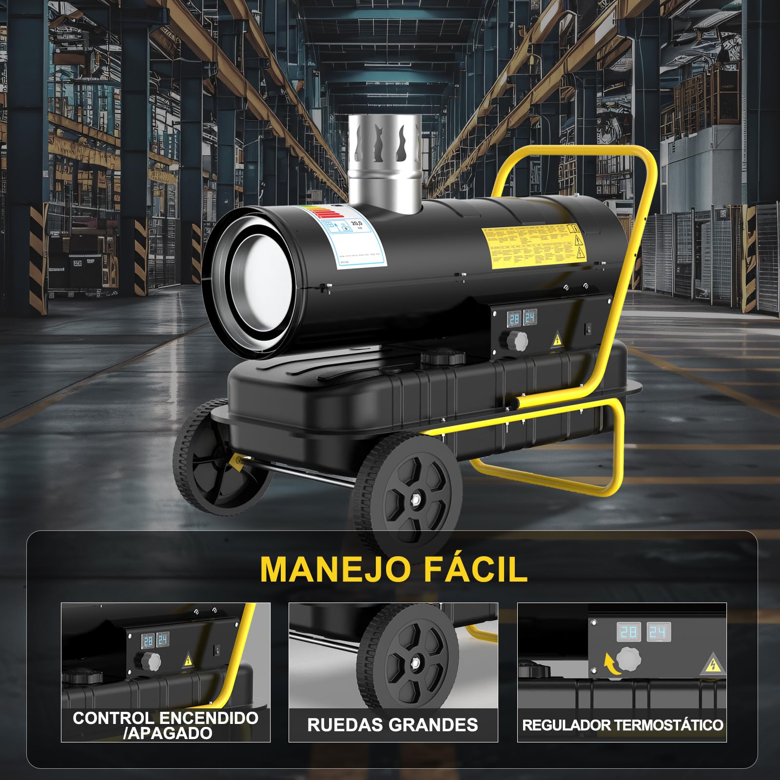 Calefactor Diésel de Indirecta 20 kW - Termoventilador Industrial - Depósito de Gran Capacidad 38 L - Con Ruedas y Termostato Regulable - Para Talleres, Obras y Uso Agrícola