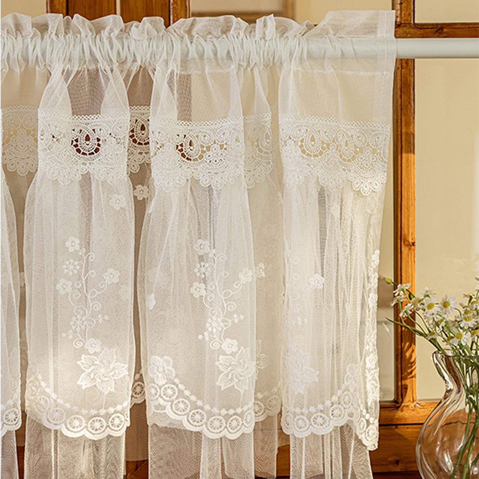 Rideaux Court Volants Cuisine en Voile Blanc, Rideaux Cuisine Style | Rideaux Fenêtre De Cuisine Au-dessus L'évier, Demi-fenêtre Filtrant Lumière, Rideau Bistro(98.4LX 15.7Hin/250LX 40Hcm)