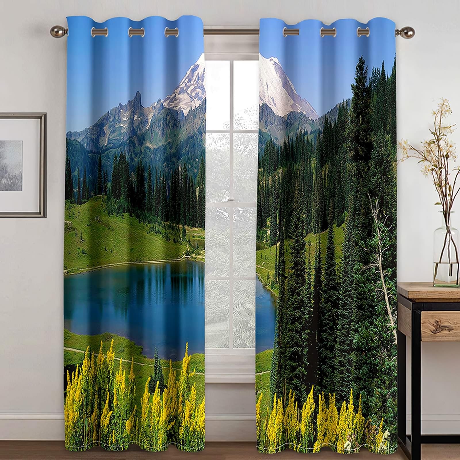 Vorhänge Thermo Verdunkelung 274 cm Lang, Vorhang Blickdicht mit Ösen 2er Set Blau Grün See und Berg Wald Landschaft Gardinen für Wohnzimmer Schlafzimmer Kinderzimmer, 244x274 cm(BxH)