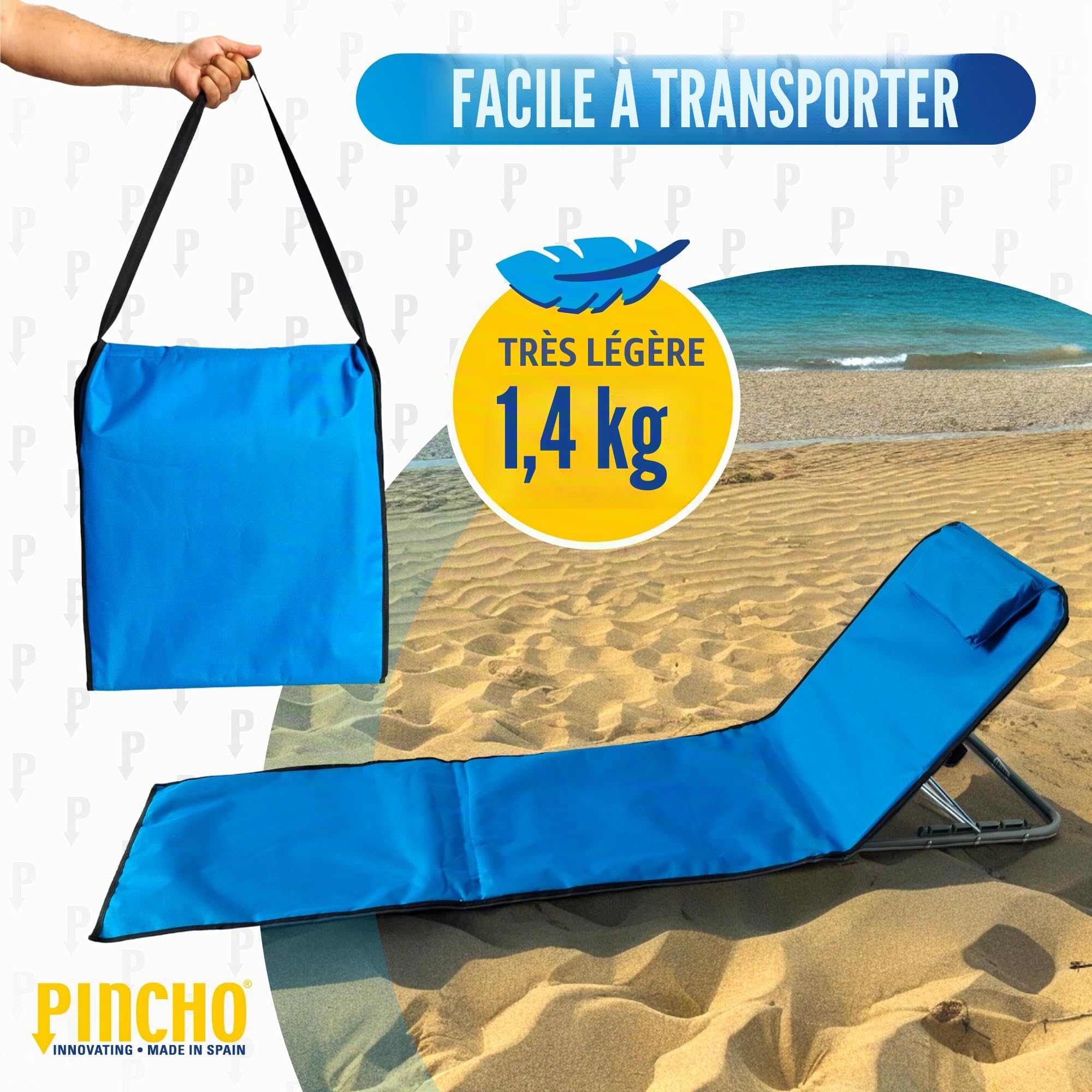 Pincho Tapis de plage pliable portable avec dossier réglable et appuie-tête 145 x 47 x 50 cm Poche de rangement (Bleu 170 cm)