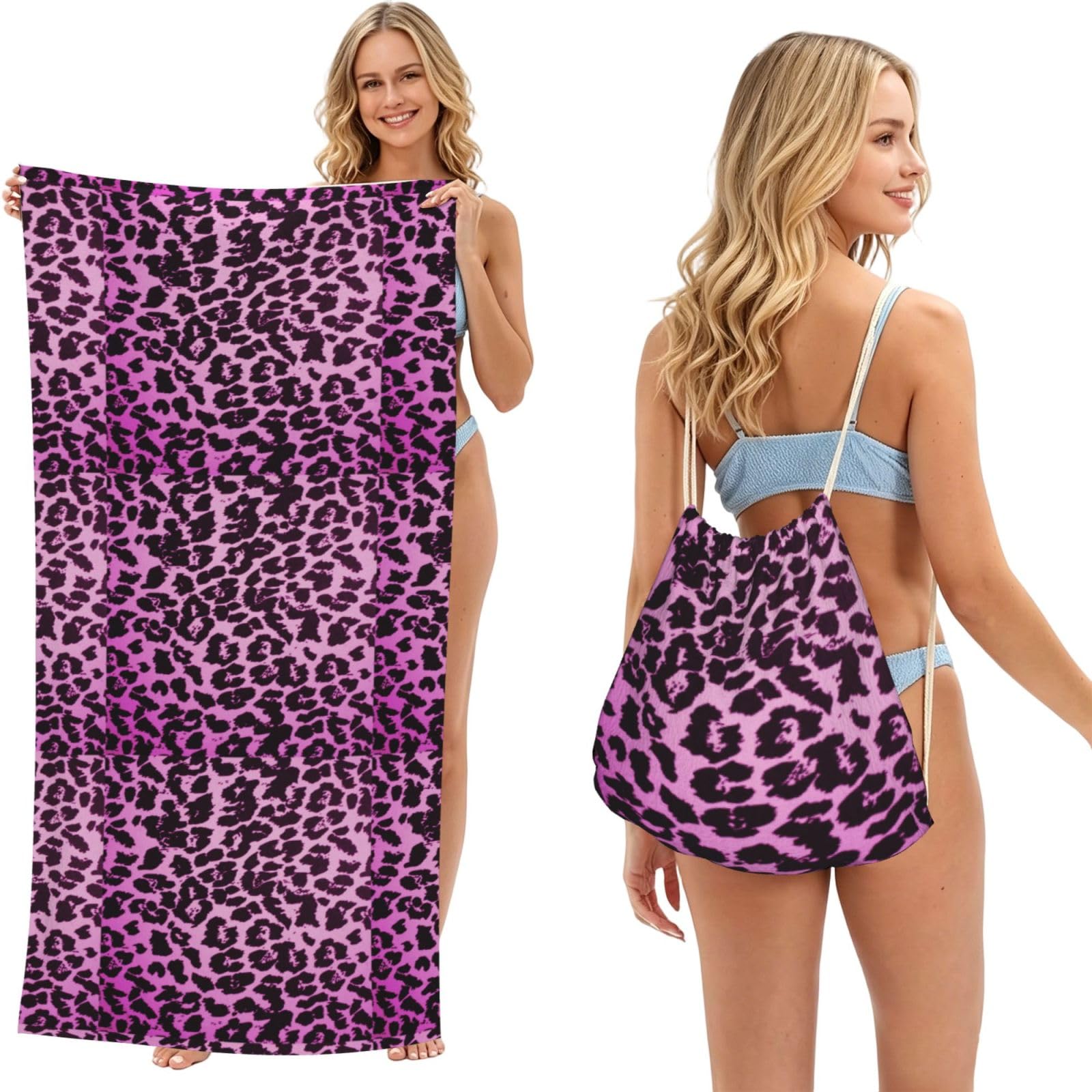 Poadnly As Picture Purple Leopard, 2 In 1 Packable Towel Bag, Beach Towels With Drawstring Backpack For Travel Holiday Camping