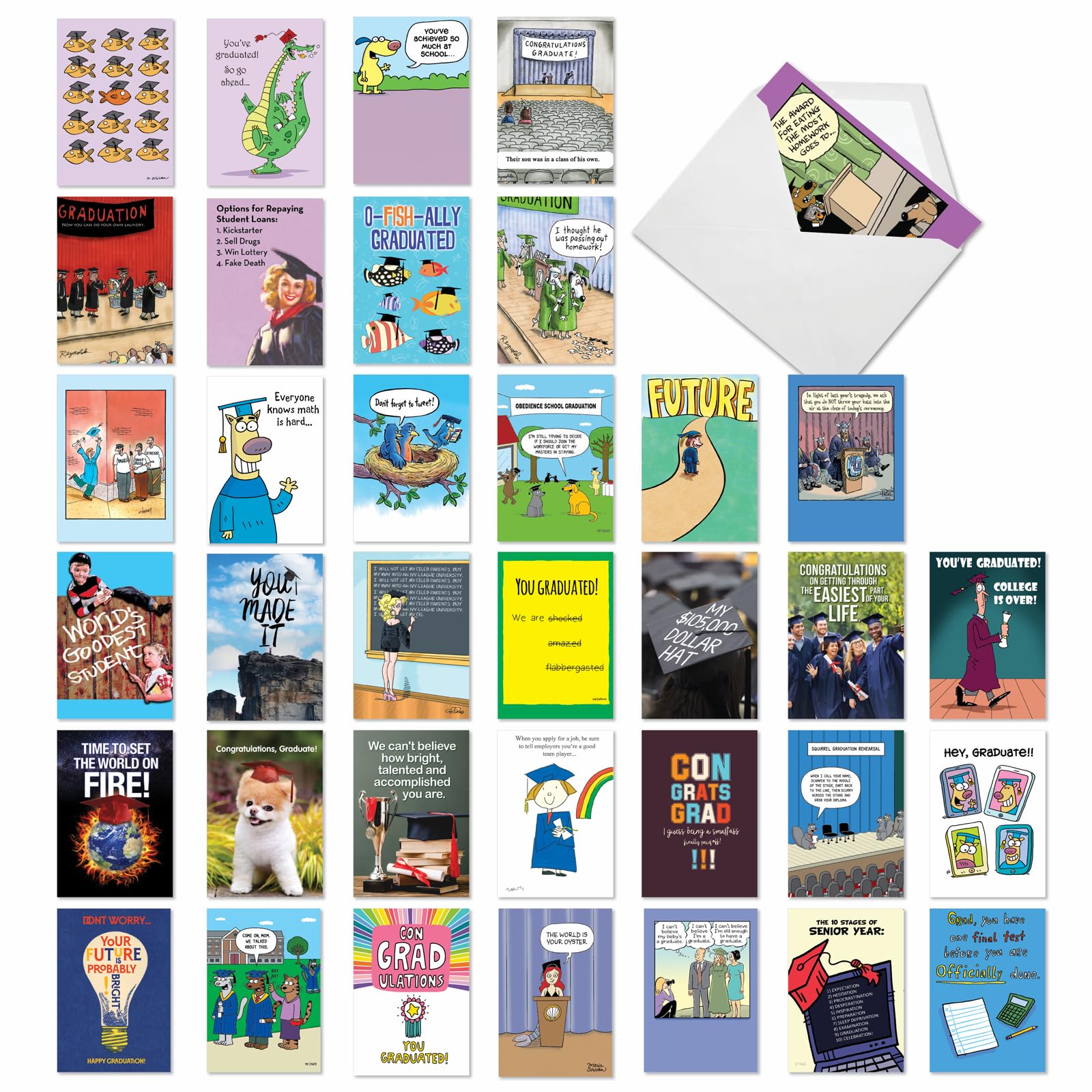 NobleWorks 36 Assorted Box Set Hilarious Graduation Greeting Cards (Graduate) w/5 x 7 Inch Envelopes (36 Designs, 1 Each) Great Grads AC10366GDG-B1x36