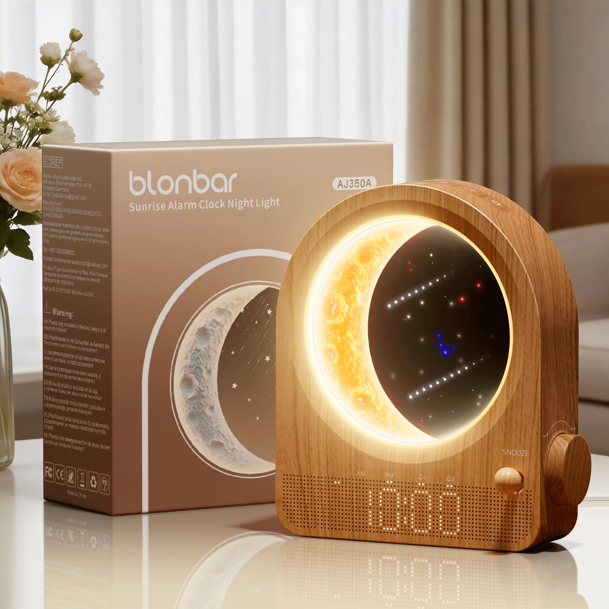 blonbar Wecker & Mondlampe, Nachttischlampe mit Lichtwecker, Tageslichtwecker, Nachtlicht mit 3 Helligkeitsstufen,10 Natürliche Klänge, Ideal für Schlafzimmer