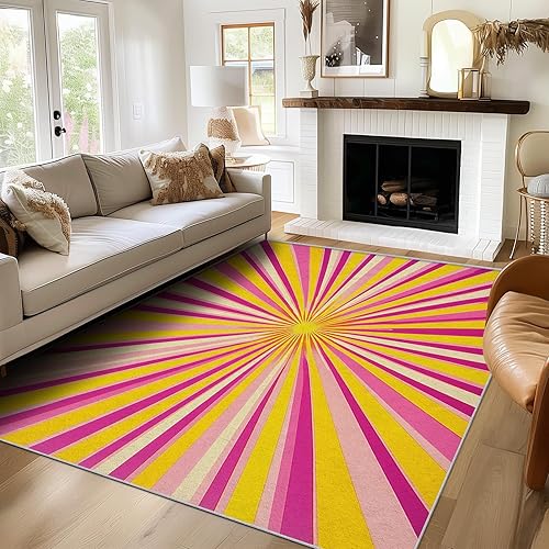 Miniatura 1 de Retro Sun Rug 3x4 for Bedroom, 70s Boho Mid Century Modern Patterned Living Room Area Rug, Retro Sun Room Decor, Washable Soft Thin Carpet with Non
