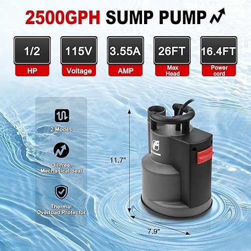 Miniatura 3 de FLUENTPOWER 1/2HP 2500GPH Bomba Sumergible de Sumidero, Bomba de Agua de Utilidad de Operación Automática/Manual, con Adaptador de Válvula