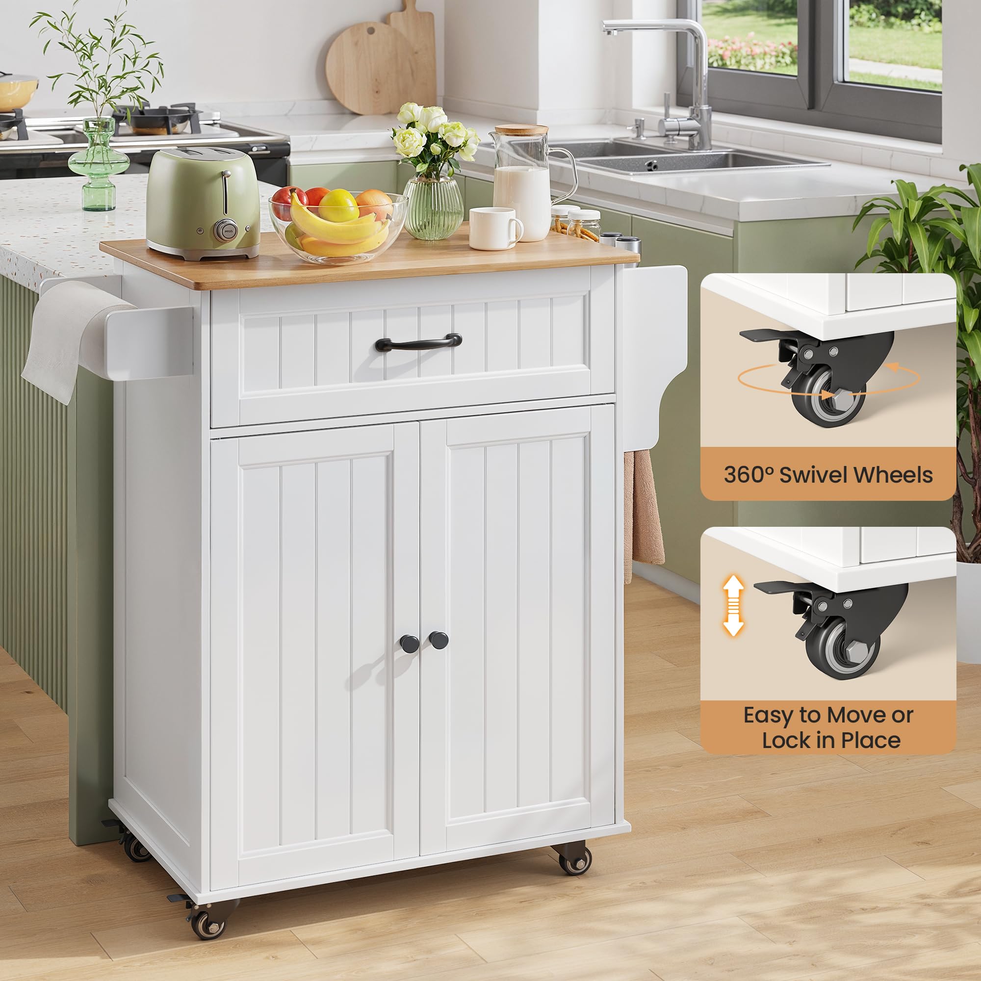 Bealife Desserte à Rouletttes Cuisine, Îlot Central Cuisine avec 1 Tiroir, Etagère Réglable, Porte Serviette, pour Salle à Manger, Salon, 84 × 45 × 85 cm, Blanc