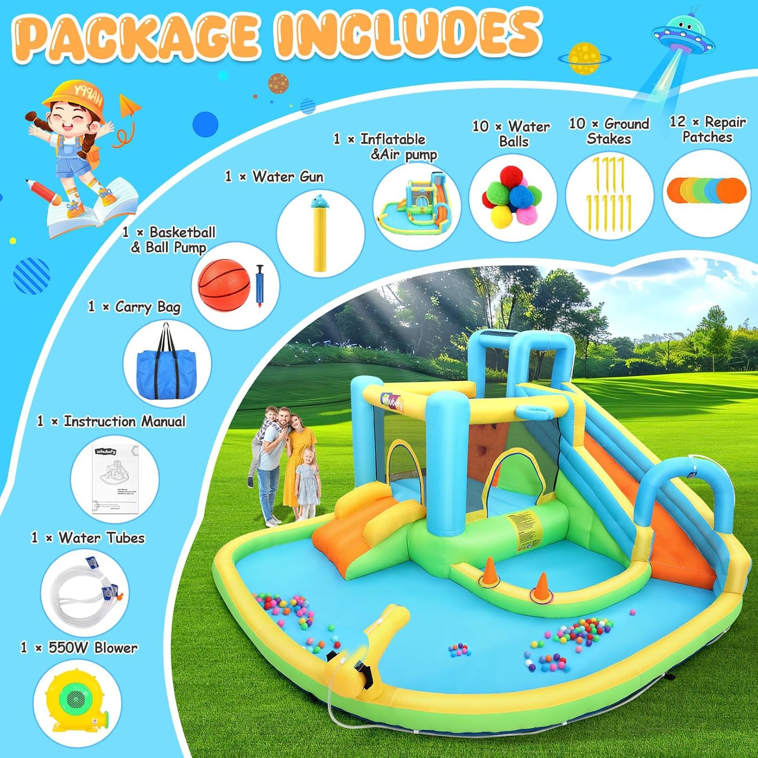Whubefy Inflatable Bounce House Water Slide, 14.1x11.8x6.8ft Water Park for Kids, All-in-1 Jump House with Dual Slides & Splash Pool with 550W Blower for Kids Backyard Party
