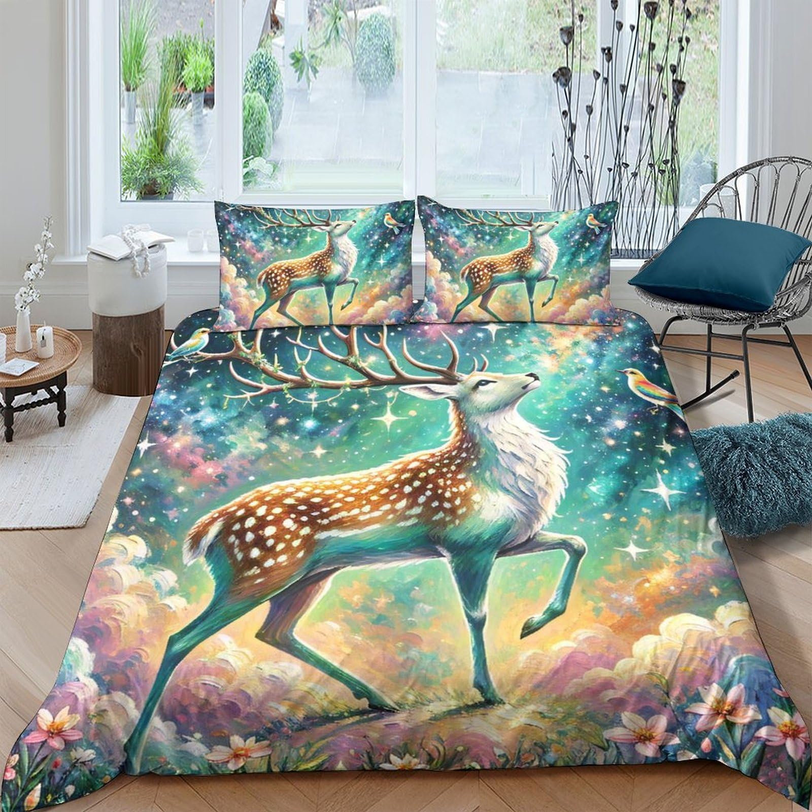 Ctjqhvkz Style-8 3D Printed Dreamy Deer Fitted Sheet Microfiber Soft Anti-Slip Forest Aurora Mattress Cover For Bedroom Student Dorm Decor Single（135X200cm）