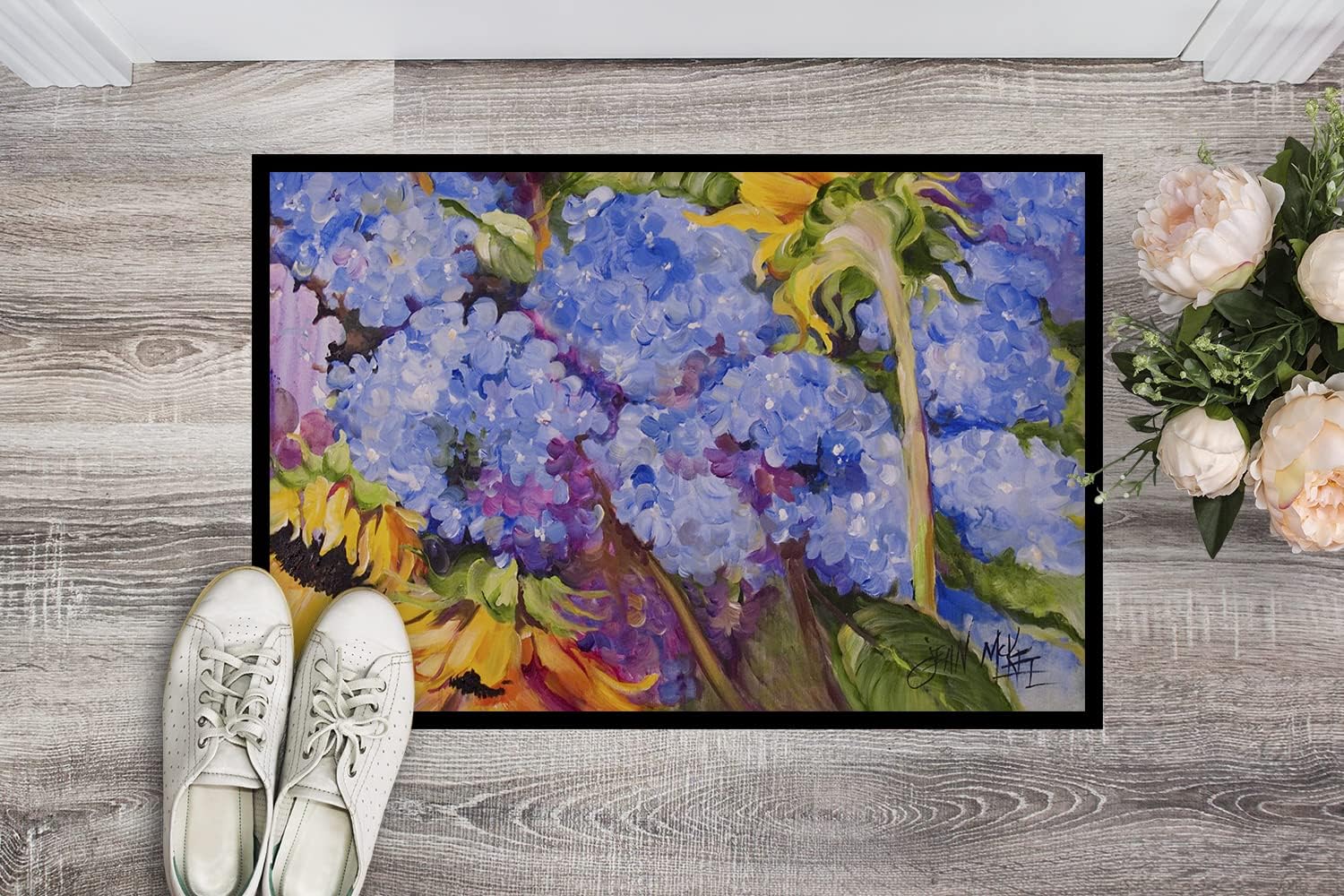 Caroline's Treasures JMK1119JMAT Hydrangeas and Sunflowers Doormat 24x36 Front Door Mat Indoor Outdoor Rugs for Entryway, Non Slip Washable Low Pile, 24H X 36W