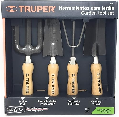 Truper 30642 Kit de herramientas de jardín de 6 pulgadas con azada, cultivador, trasplantado, paleta