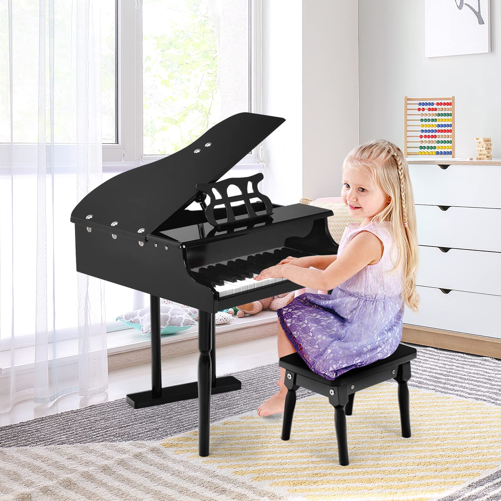 FIREFLOWERY 30-Key Kids Piano Keyboard, Mini Grand Piano for 3 Years+, Toddler Musical Instrument with Stool & Removable Music Stand, Wooden Baby