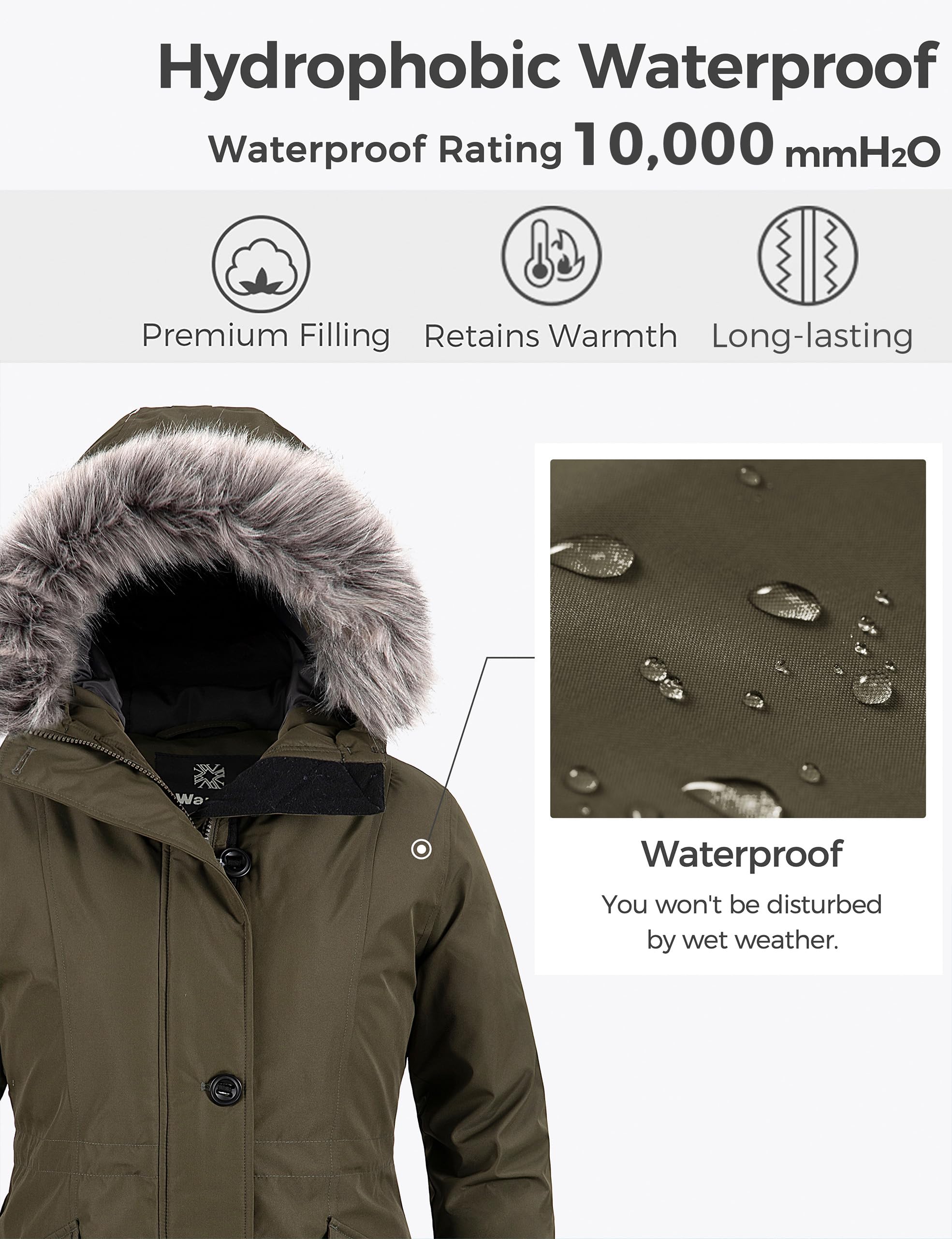 Wantdo Abrigo Cálido Antiviento Chaqueta de Algodón Invierno al Aire Libre Resistente al Agua Parka Gruesa Capucha con Pelo Desmontable para Mujer