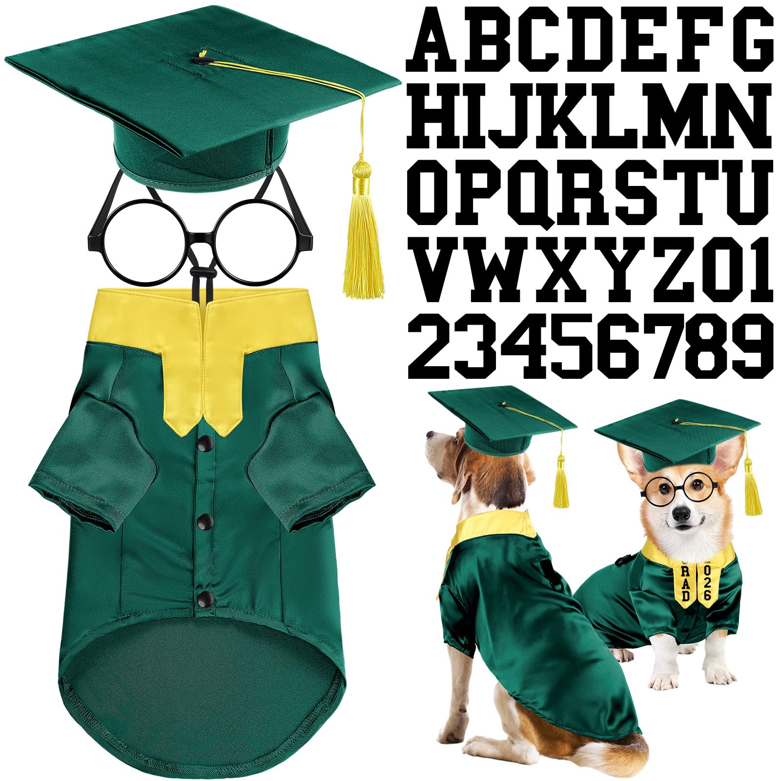 Huhumy 5 Pcs Dog Graduation Costume Set Include 2025 Pet Graduation Gown with Stole Puppy Grad Cap Lensless Glasses DIY Letter Stickers for Dogs Cats