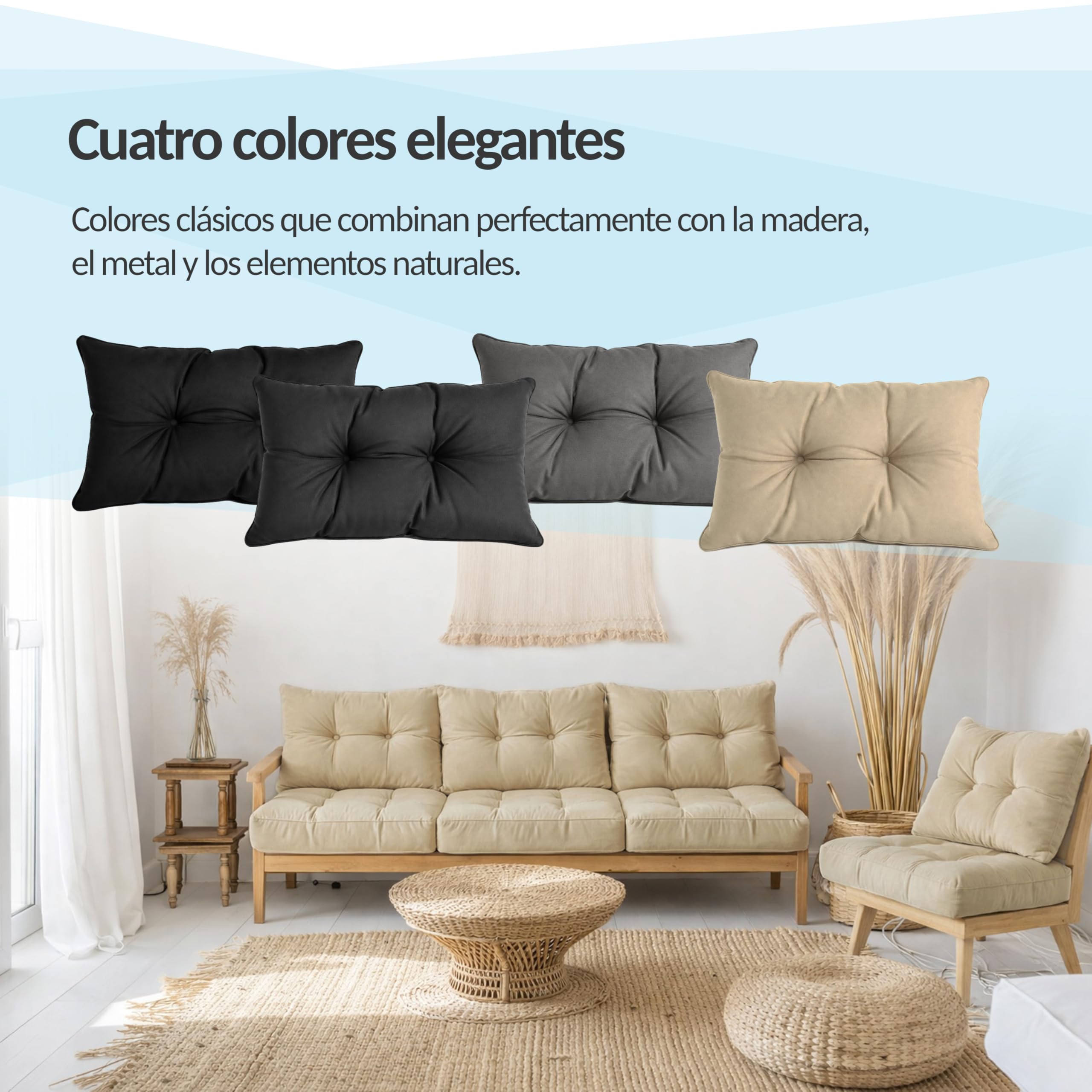 POKAR Set de 2 Cojines para Silla de Exterior: Asiento 50x50x10 + Respaldo 50x40x10 cm | Impermeable y Repelente al Agua | Cojines para Muebles de Jardín, Terraza y Ratán | Made in EU | Beige