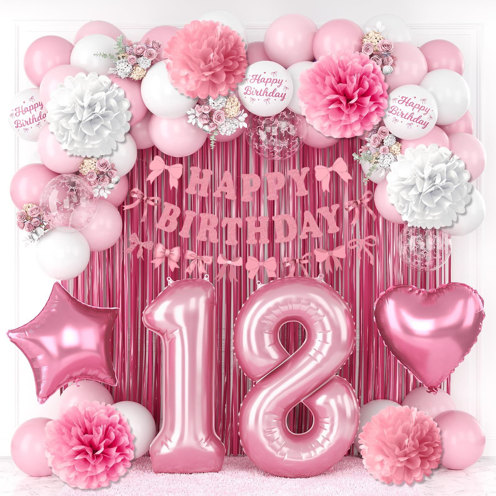 18th Birthday Decorations Girls Pink Number 18 Balloon Bow Coquette Party