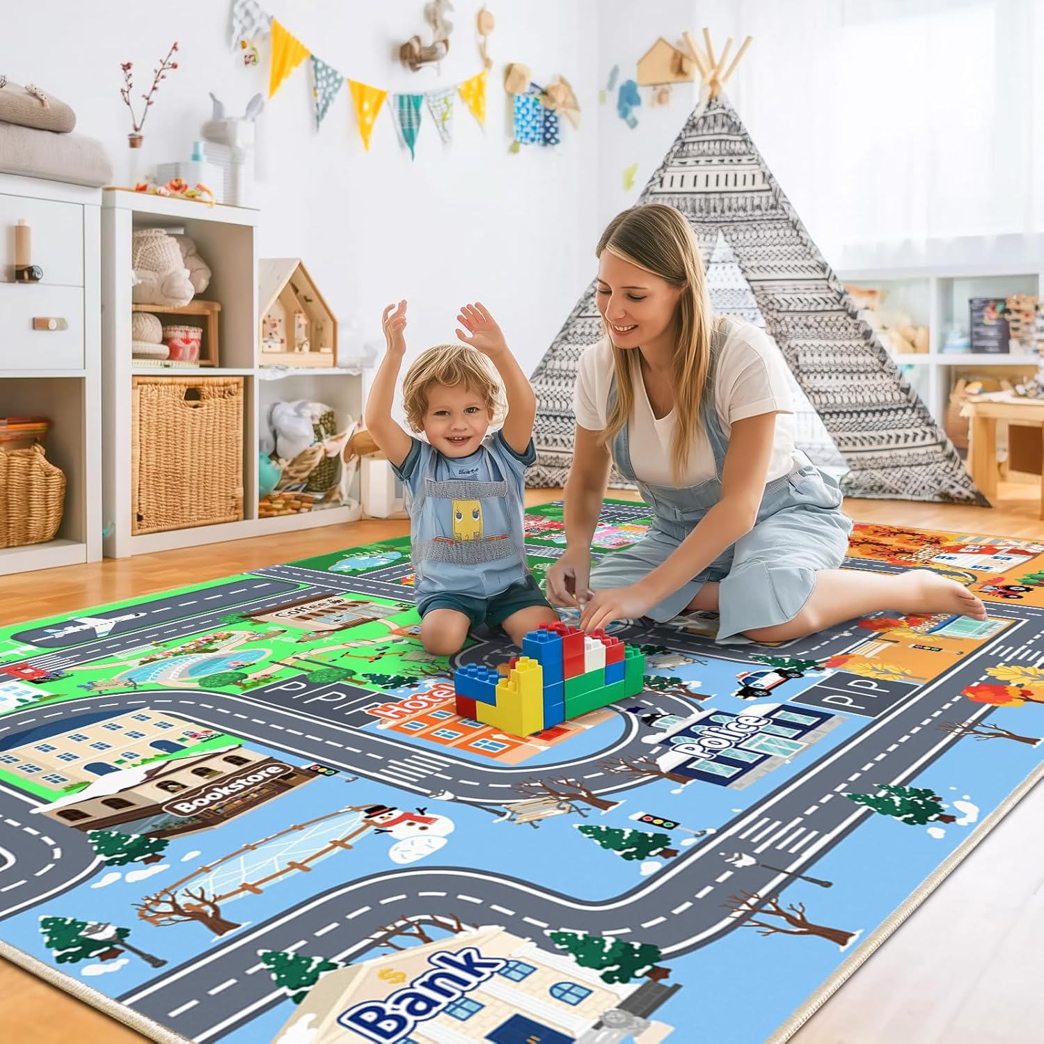 Kids Rugs for Playroom, 8' x 10' Car Rug for Kids Play Mat with Non-Silp Backing, Toddler Rugs Classroom Washable Kid Educational Playroom Rug for Learning Boys Girls Bedroom